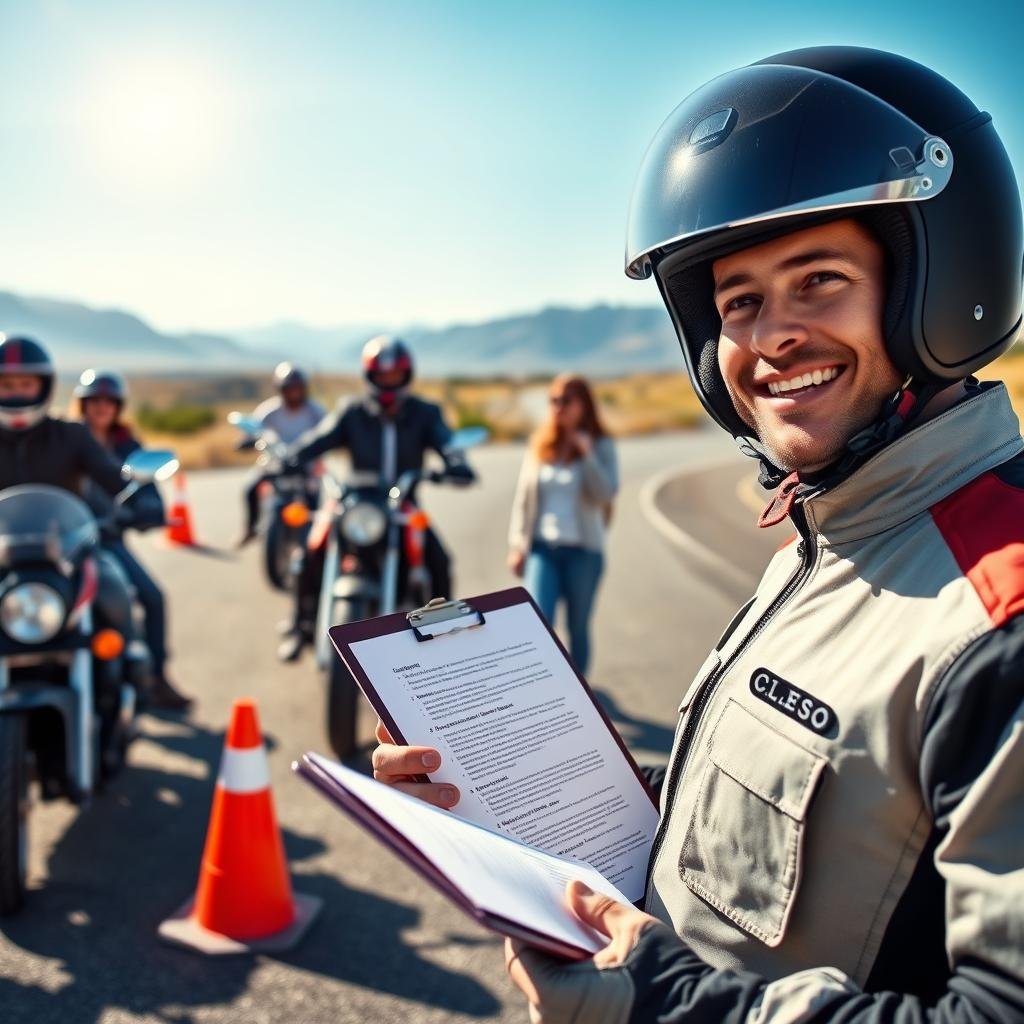 A dynamic and informative scene showcasing the benefits of motorcycle insurance discounts through safety courses. In the foreground, a cheerful motorcyclist wearing a helmet and geared-up in professional riding attire is reviewing a checklist on a clipboard, demonstrating the completion of a safety course. The middle ground features a diverse group of individuals engaged in a motorcycle safety training exercise, with training cones and instructional materials visible. In the background, a sunny day illuminates a scenic landscape of open roads and mountains, symbolizing freedom and safety on the road. The atmosphere is uplifting and encouraging, emphasizing the importance of safety while riding. Soft natural lighting enhances the colors and creates a welcoming mood, focusing on the positive aspects of motorcycle education and insurance savings.