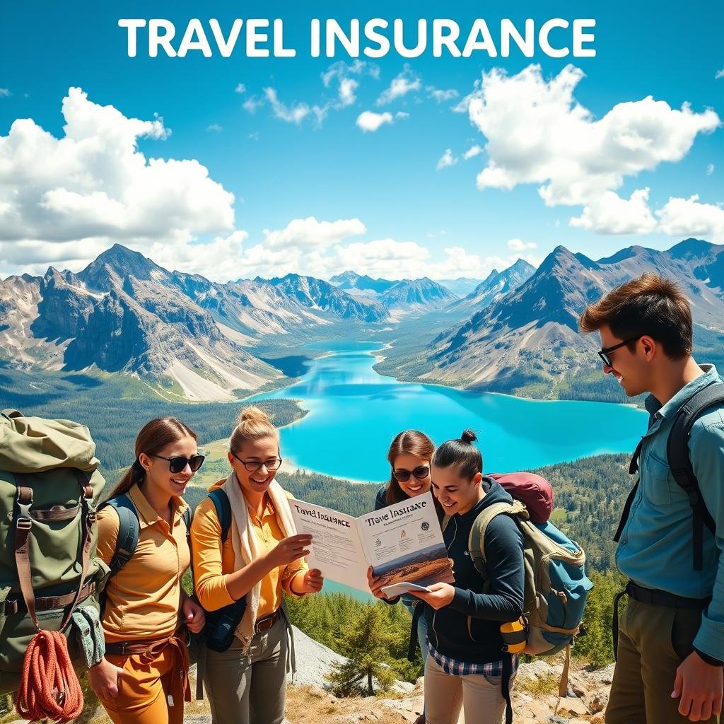 A dynamic and vibrant scene showcasing travel insurance for adventure activities. In the foreground, a diverse group of four travelers, clad in practical and modest outdoor apparel, enthusiastically examining a travel insurance brochure, while surrounded by outdoor gear like climbing ropes and backpacks. The middle ground features a breathtaking landscape, with jagged mountains, a crystal-clear lake, and a mix of lush green forests and rocky terrains, illustrating a range of adventure activities like hiking, kayaking, and rock climbing. The background captures a bright blue sky with fluffy clouds. The lighting is warm and inviting, suggesting a sunny day, while an elevated angle adds depth to the composition, creating an adventurous mood that inspires exploration and safety. The overall atmosphere is one of excitement and security for adventure seekers, reflecting the importance of travel insurance.