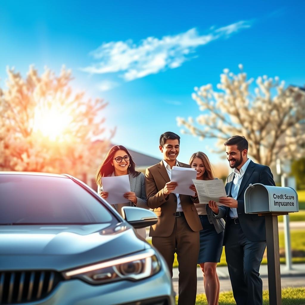 A dynamic composition illustrating the concept of lower car insurance premiums, featuring a modern car parked in a sunlit residential area. In the foreground, a happy family of four—dressed in professional business attire—smiles while reviewing documents showing reduced insurance rates. The middle ground showcases a clear blue sky with blooming trees, suggesting optimism and financial relief. In the background, subtle elements like a home with a mailbox displaying a credit score improvement notice slightly visible. The lighting is warm and inviting, with a soft focus effect that conveys a sense of hope and stability. The overall mood is uplifting and encouraging, emphasizing the positive impact of credit scores on insurance savings. A dynamic composition illustrating the concept of lower car insurance premiums, featuring a modern car parked in a sunlit residential area. In the foreground, a happy family of four—dressed in professional business attire—smiles while reviewing documents showing reduced insurance rates. The middle ground showcases a clear blue sky with blooming trees, suggesting optimism and financial relief. In the background, subtle elements like a home with a mailbox displaying a credit score improvement notice slightly visible. The lighting is warm and inviting, with a soft focus effect that conveys a sense of hope and stability. The overall mood is uplifting and encouraging, emphasizing the positive impact of credit scores on insurance savings.