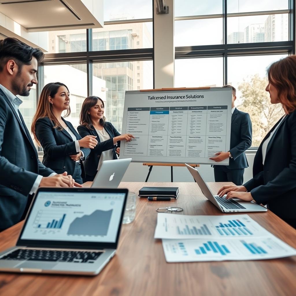 A dynamic office scene showcasing a diverse group of four professionals—two men and two women—dressed in smart business attire, discussing tailored insurance solutions. In the foreground, a table with graphs and charts illustrating successful case studies, laptops open, highlighting analytical data. In the middle, engaged professionals are actively collaborating, pointing at a large presentation board displaying distinct insurance plans tailored for various industries. The background features a modern office setting with large windows, natural light streaming in, casting soft shadows. The atmosphere conveys innovation and collaboration, with a warm color palette and focused expressions on the faces of the team members. The camera angle is slightly elevated, creating a perspective that emphasizes teamwork and problem-solving in a business context.