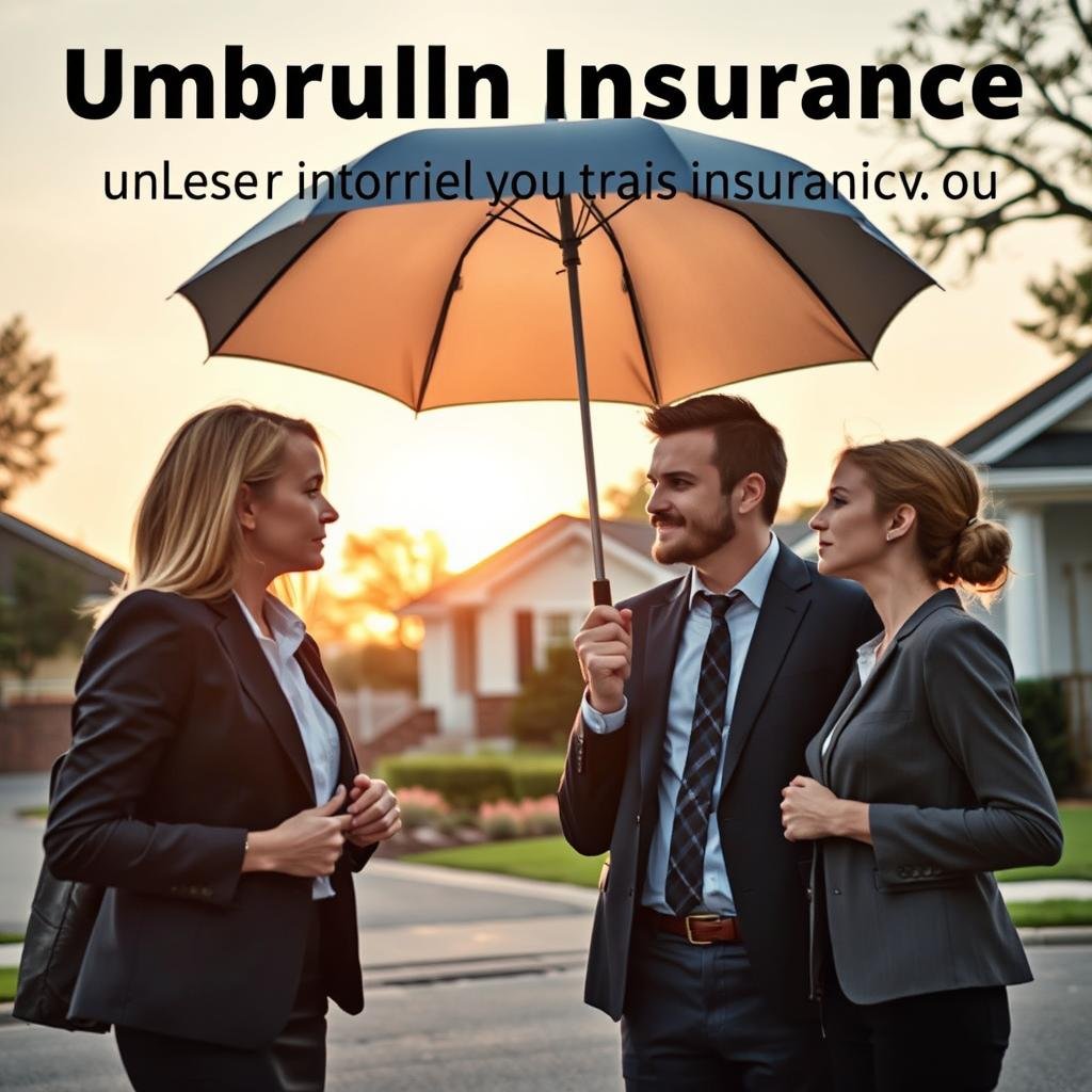 A dynamic scene depicting real-life scenarios demonstrating the use of umbrella insurance. In the foreground, a professional couple in business attire is discussing a recent car accident that could lead to a liability claim. Their expressions show concern but also relief, symbolizing the protection provided by umbrella insurance. The middle ground features an adjacent background scene of a serene suburban neighborhood with a modest home and well-kept garden, reflecting the assets being safeguarded. In the background, a setting sun casts a warm, golden light, creating a hopeful atmosphere. The composition favors a slightly low angle to emphasize the couple, drawing the viewer's eye toward them while the peaceful surroundings reinforce the concept of financial security and comprehensive protection. A dynamic scene depicting real-life scenarios demonstrating the use of umbrella insurance. In the foreground, a professional couple in business attire is discussing a recent car accident that could lead to a liability claim. Their expressions show concern but also relief, symbolizing the protection provided by umbrella insurance. The middle ground features an adjacent background scene of a serene suburban neighborhood with a modest home and well-kept garden, reflecting the assets being safeguarded. In the background, a setting sun casts a warm, golden light, creating a hopeful atmosphere. The composition favors a slightly low angle to emphasize the couple, drawing the viewer's eye toward them while the peaceful surroundings reinforce the concept of financial security and comprehensive protection.