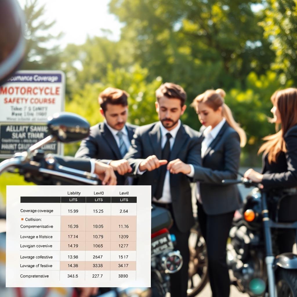A dynamic scene featuring a diverse group of motorcyclists in professional business attire gathered around a motorcycle, analyzing a chart with various insurance coverage limits displayed. In the foreground, show a close-up of the chart with clear visual gradations illustrating different coverage levels such as liability, collision, and comprehensive. In the middle ground, the group of three motorcyclists, one male and two female, with serious expressions, discussing the numbers while pointing at the chart. The background includes blurred images of a motorcycle safety course sign and lush greenery, conveying a sense of community and learning. The lighting is bright and natural, emulating a sunny day, with a slight lens flare for a vibrant atmosphere, creating a sense of professionalism and care in matters of safety and insurance.
