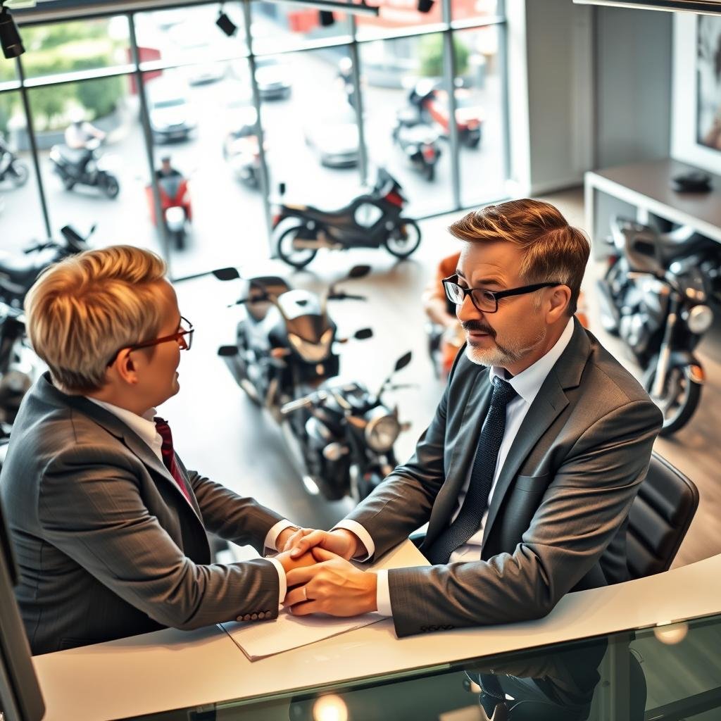 A dynamic scene showcasing a motorcycle insurance office, highlighting the importance of motorcycle endorsements. In the foreground, a well-dressed insurance agent, a middle-aged man with glasses, attentively discussing options with a young woman in a business casual outfit, both seated at a sleek, modern desk. The middle ground features various motorcycle models displayed prominently, illustrating different styles and sizes. The background includes a large window with natural light streaming in, revealing a busy street filled with motorcycles. The atmosphere is professional yet welcoming, conveying trust and expertise in motorcycle insurance. The image should capture the essence of protection and responsibility, with soft lighting to create an inviting environment. A dynamic scene showcasing a motorcycle insurance office, highlighting the importance of motorcycle endorsements. In the foreground, a well-dressed insurance agent, a middle-aged man with glasses, attentively discussing options with a young woman in a business casual outfit, both seated at a sleek, modern desk. The middle ground features various motorcycle models displayed prominently, illustrating different styles and sizes. The background includes a large window with natural light streaming in, revealing a busy street filled with motorcycles. The atmosphere is professional yet welcoming, conveying trust and expertise in motorcycle insurance. The image should capture the essence of protection and responsibility, with soft lighting to create an inviting environment.