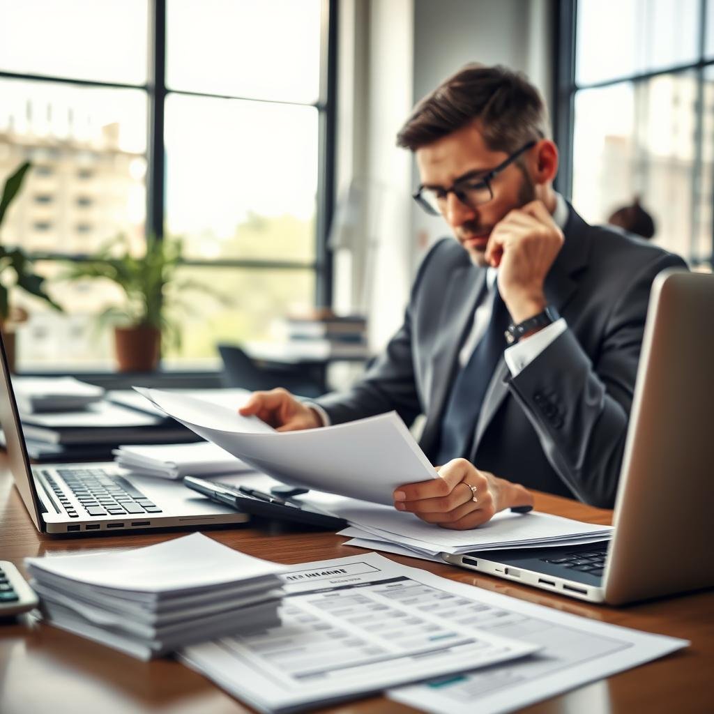 A focused scene illustrating the benefits of term life insurance in debt repayment. In the foreground, a professional business person wearing a suit is thoughtfully reviewing documents related to insurance policies and debt, with a calculator and a laptop open beside them. In the middle ground, a stack of unpaid bills and a debt repayment chart captures the concern for financial stability. The background features a modern office with large windows letting in soft, natural light, casting gentle shadows across the room to create an atmosphere of calm and focus. The angle is slightly tilted to capture both the subject's engaged expression and the cluttered yet organized workspace, conveying a sense of responsibility and proactive financial management. A focused scene illustrating the benefits of term life insurance in debt repayment. In the foreground, a professional business person wearing a suit is thoughtfully reviewing documents related to insurance policies and debt, with a calculator and a laptop open beside them. In the middle ground, a stack of unpaid bills and a debt repayment chart captures the concern for financial stability. The background features a modern office with large windows letting in soft, natural light, casting gentle shadows across the room to create an atmosphere of calm and focus. The angle is slightly tilted to capture both the subject's engaged expression and the cluttered yet organized workspace, conveying a sense of responsibility and proactive financial management.