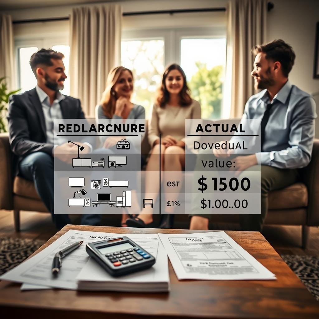 A focused scene illustrating the concept of home insurance coverage, showcasing a cozy living room with a modern couch, a coffee table filled with insurance documents, and a calculator. In the foreground, a diverse group of three professionals—two men and one woman—are discussing replacement costs versus actual cash value, dressed in smart casual attire. In the middle, a detailed display of household items like furniture and electronics illustrates their values, contrasted by a visual representation of costs. The background features a sunny window, allowing soft, warm light to enhance the atmosphere of security and understanding. The overall mood is informative and professional, emphasizing clarity and trust in insurance matters.
