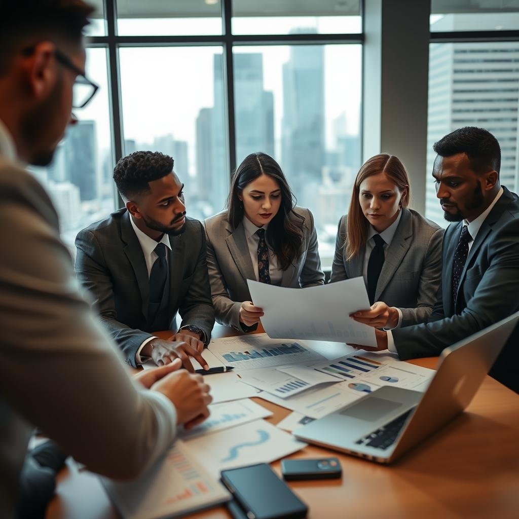 A focused view of a professional business meeting taking place in a modern office setting. In the foreground, a diverse group of three well-dressed individuals, two men and one woman, are engaged in a discussion, analyzing documents that represent assets for umbrella insurance. Their expressions are serious yet collaborative. In the middle, a desk cluttered with financial reports, charts, and a laptop shows various numerical data. In the background, large windows let in natural light, illuminating the scene and providing a view of a bustling cityscape. The overall mood is one of professionalism and strategic assessment, conveying the importance of determining the appropriate amount of umbrella insurance needed. The image is captured with a shallow depth of field, enhancing the focus on the foreground discussion.