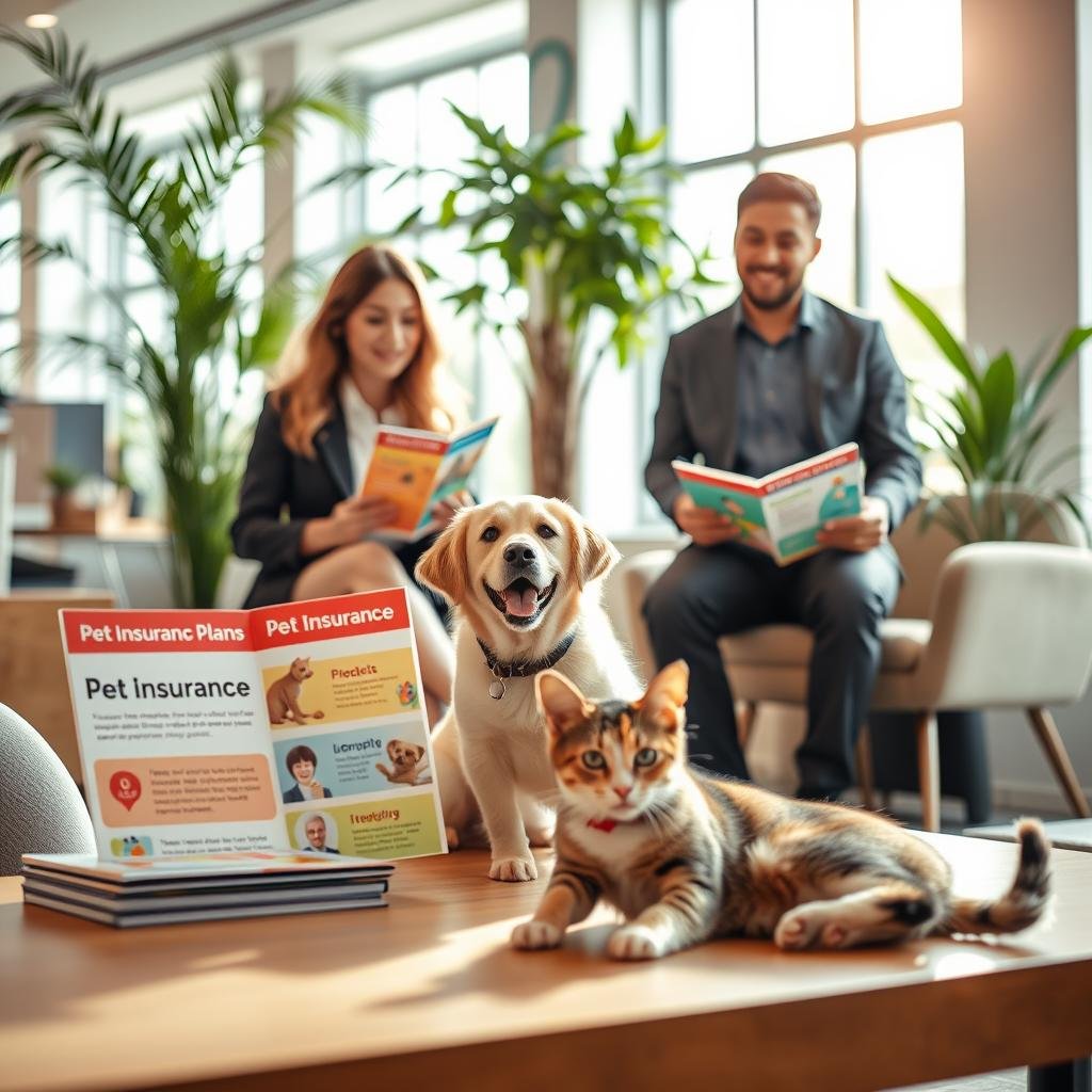 A friendly, inviting pet insurance office scene in a modern environment. In the foreground, a diverse group of two professional individuals—one woman and one man—wearing business casual clothing, are reviewing colorful brochures on affordable pet insurance plans displayed on a stylish table. In the middle, a happy dog and a cat are playing together on the floor, symbolizing the bond between pets and their owners. The background features bright, natural light streaming in through large windows, with indoor plants enhancing the warm atmosphere. The overall mood is optimistic and reassuring, showcasing a future where pet insurance is accessible and beneficial for all pet owners, captured in a soft focus with a slight depth of field to emphasize the subjects.