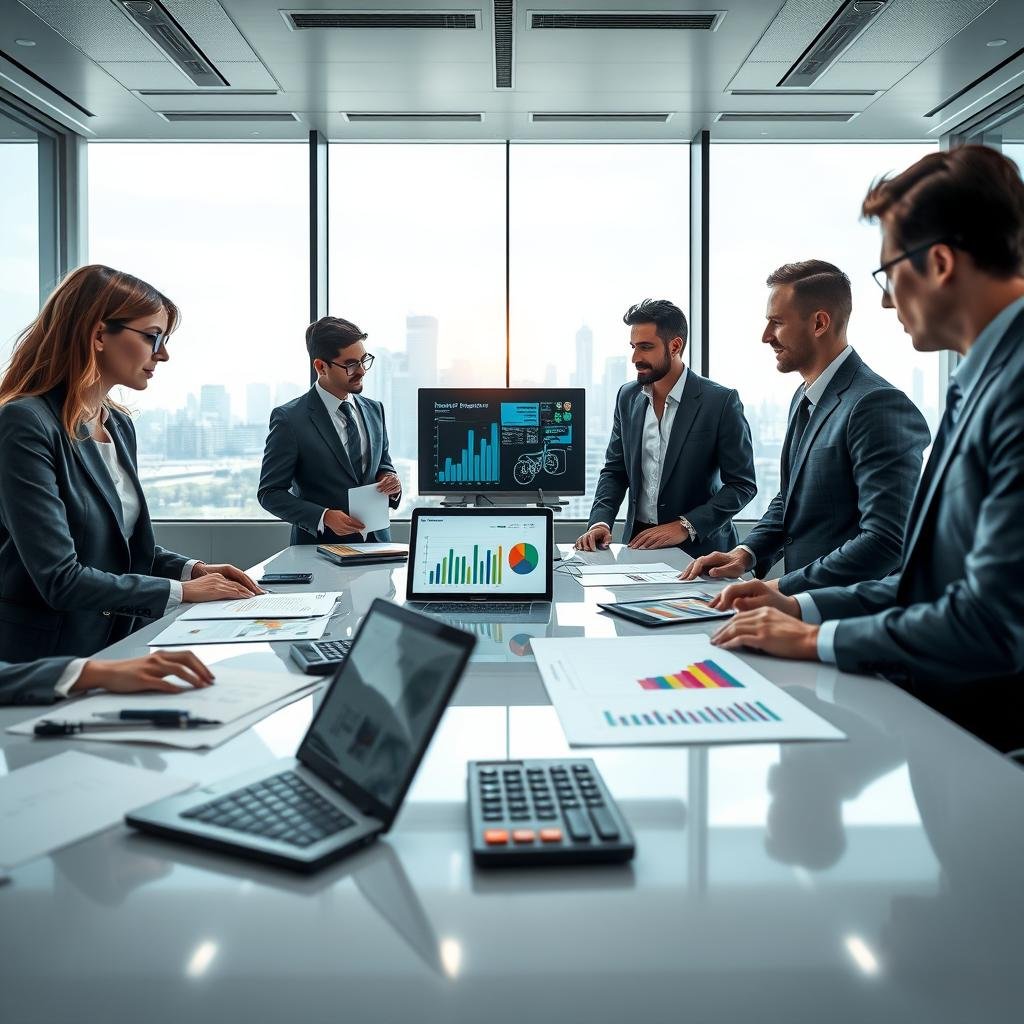 A futuristic office environment depicting the theme of economical auto insurance plans. In the foreground, a diverse group of professional individuals in business attire, engaged in a meeting, reviewing charts and digital screens showcasing affordability trends in auto insurance rates. The middle ground features a sleek conference table filled with documents, calculators, and a laptop displaying colorful graphs. The background reveals a large window with a city skyline, illuminated by soft natural light, suggesting a bright and optimistic future. The atmosphere is dynamic and focused, infused with a sense of collaboration and innovation in the insurance sector. The angle should be slightly elevated, capturing the essence of teamwork and forward-thinking solutions. A futuristic office environment depicting the theme of economical auto insurance plans. In the foreground, a diverse group of professional individuals in business attire, engaged in a meeting, reviewing charts and digital screens showcasing affordability trends in auto insurance rates. The middle ground features a sleek conference table filled with documents, calculators, and a laptop displaying colorful graphs. The background reveals a large window with a city skyline, illuminated by soft natural light, suggesting a bright and optimistic future. The atmosphere is dynamic and focused, infused with a sense of collaboration and innovation in the insurance sector. The angle should be slightly elevated, capturing the essence of teamwork and forward-thinking solutions.