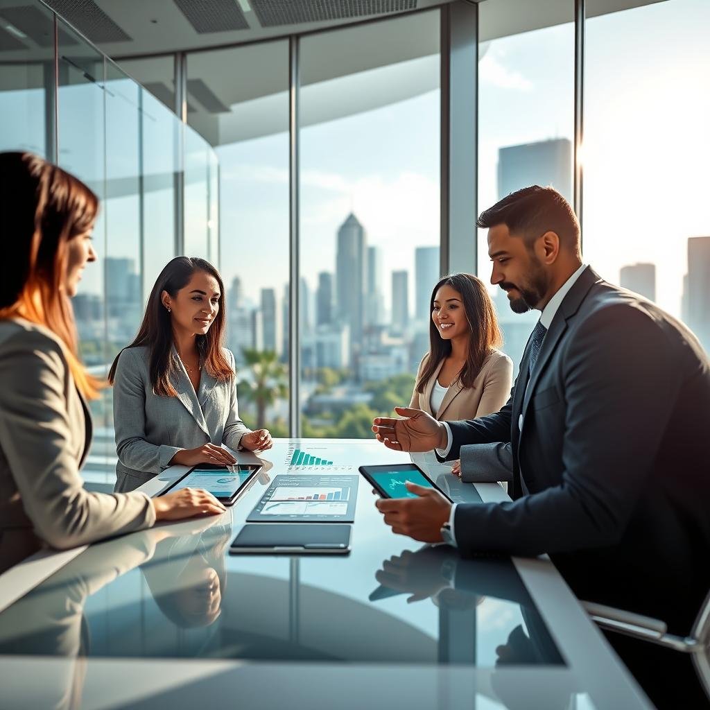 A futuristic office setting depicting the concept of comprehensive health insurance providers. In the foreground, a diverse group of three professionals in business attire—two women and one man—are engaged in a discussion around a sleek table filled with digital devices displaying health statistics and plans. In the middle, modern glass walls show a bright, airy space with greenery, symbolizing health and wellness. The background features a large window revealing a skyline of a bustling American city, conveying progress and innovation. Soft, natural light filters through, creating a warm and optimistic atmosphere. The overall mood is one of collaboration and forward-thinking, illustrating the future of health insurance in a dynamic way. A futuristic office setting depicting the concept of comprehensive health insurance providers. In the foreground, a diverse group of three professionals in business attire—two women and one man—are engaged in a discussion around a sleek table filled with digital devices displaying health statistics and plans. In the middle, modern glass walls show a bright, airy space with greenery, symbolizing health and wellness. The background features a large window revealing a skyline of a bustling American city, conveying progress and innovation. Soft, natural light filters through, creating a warm and optimistic atmosphere. The overall mood is one of collaboration and forward-thinking, illustrating the future of health insurance in a dynamic way.