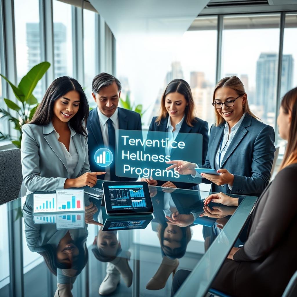 A futuristic office setting where a diverse group of professionals in business attire collaborates around a sleek glass table, analyzing data on digital devices displaying health insurance benefits. In the foreground, a confident woman points to a tablet showcasing visual graphs and key health insurance features, symbolizing growth and innovation. In the middle, a projector beam illuminates key terms like "Telehealth," "Preventive Care," and "Wellness Programs" blending into glowing holographic forms above the table. The background features a modern cityscape through large windows, with green plants adding warmth to the scene. Soft, natural lighting creates an optimistic atmosphere, hinting at advancements in health insurance and its positive impact on future trends.