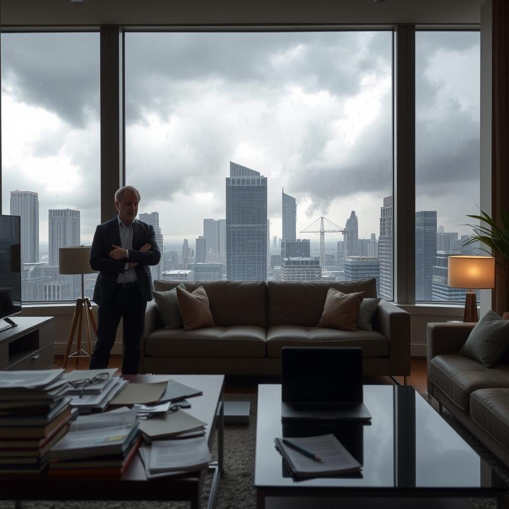 A modern apartment living room that illustrates the importance of renters insurance in the face of natural disasters. In the foreground, a concerned individual in professional attire stands next to a table cluttered with important documents and a laptop, symbolizing preparation and awareness. In the middle ground, visible through large windows, a dramatic storm rages outside, with heavy rain and strong winds striking the building, representing the imminent threat of natural disasters. The background features the city skyline shrouded in dark clouds, enhancing the sense of urgency and risk. Soft, diffused lighting inside the room contrasts with the harsh, chaotic weather outside, creating a sense of safety within vulnerability. The atmosphere is tense yet hopeful, illustrating the protective value of renters insurance.