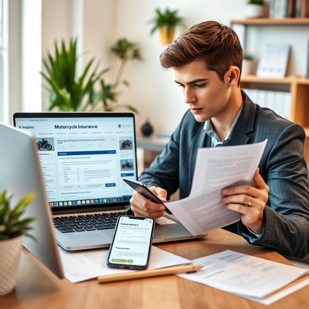 A modern desktop scene featuring a laptop displaying motorcycle insurance quote comparison websites, surrounded by paperwork detailing policy terms and conditions. In the foreground, there is a professional young adult in business casual attire, studying the screen intently, with a notepad and pen in hand. The middle layer includes a smartphone displaying an insurance app, emphasizing accessibility. In the background, a subtle hint of a cozy office environment with potted plants, warm lighting, and a blurred bookshelf, creating a friendly and inviting atmosphere. Use natural lighting to highlight the focus on the laptop, with a shallow depth of field to draw attention to the details of the insurance documents. Aim for a mood of professionalism and approachability, reflecting confidence in finding affordable motorcycle insurance.
