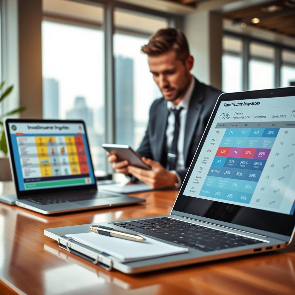 A modern digital workspace focused on comparing travel insurance quotes. In the foreground, a sleek laptop is open displaying a colorful comparison table filled with icons and numbers. Beside it, a notepad with a pen rests on a polished wooden desk. In the middle, a person in professional business attire, a focused expression on their face, is using a tablet to browse insurance options. The background features a blurred cityscape through a large window, hinting at travel with soft morning light streaming in, creating a warm and inviting atmosphere. Emphasize a sense of innovation and efficiency, with elements of technology, such as a smartphone, and a subtle, modern decor to enhance the ambiance. A modern digital workspace focused on comparing travel insurance quotes. In the foreground, a sleek laptop is open displaying a colorful comparison table filled with icons and numbers. Beside it, a notepad with a pen rests on a polished wooden desk. In the middle, a person in professional business attire, a focused expression on their face, is using a tablet to browse insurance options. The background features a blurred cityscape through a large window, hinting at travel with soft morning light streaming in, creating a warm and inviting atmosphere. Emphasize a sense of innovation and efficiency, with elements of technology, such as a smartphone, and a subtle, modern decor to enhance the ambiance.
