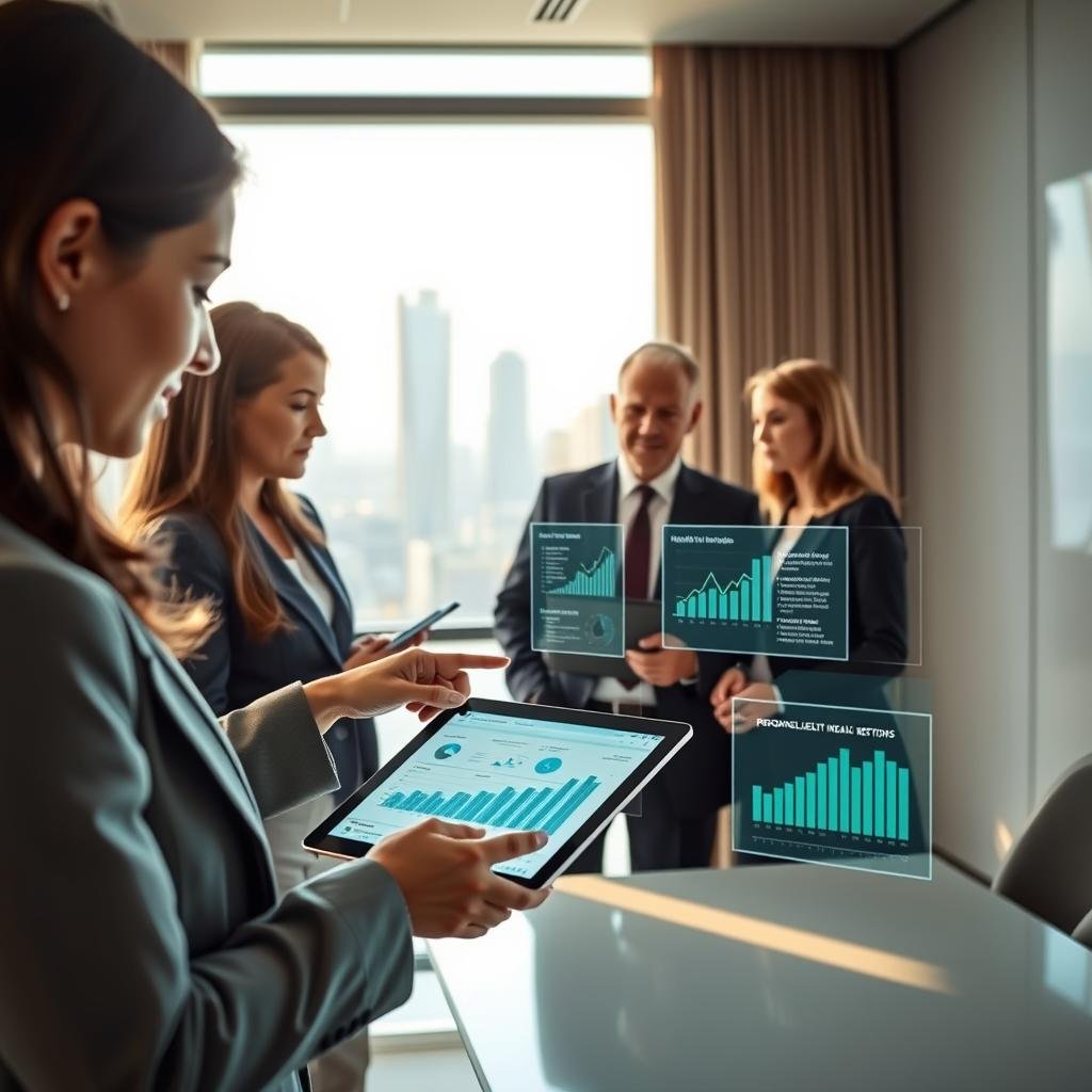 A modern, elegant office space where a diverse group of professionals, dressed in business attire, are engaged in a collaborative meeting. In the foreground, a focused young woman points at a digital tablet displaying dynamic graphs and personalized health metrics. In the middle ground, two colleagues, a middle-aged man and a young woman, discuss strategies, surrounded by holographic displays representing health data and tailored insurance options. The background features a large window with a cityscape view, bathed in warm natural light, creating an inviting atmosphere. Soft blue and green tones dominate the color palette, symbolizing health and well-being, while the overall scene evokes a sense of innovation, collaboration, and successful outcomes in personalized health insurance solutions. A modern, elegant office space where a diverse group of professionals, dressed in business attire, are engaged in a collaborative meeting. In the foreground, a focused young woman points at a digital tablet displaying dynamic graphs and personalized health metrics. In the middle ground, two colleagues, a middle-aged man and a young woman, discuss strategies, surrounded by holographic displays representing health data and tailored insurance options. The background features a large window with a cityscape view, bathed in warm natural light, creating an inviting atmosphere. Soft blue and green tones dominate the color palette, symbolizing health and well-being, while the overall scene evokes a sense of innovation, collaboration, and successful outcomes in personalized health insurance solutions.