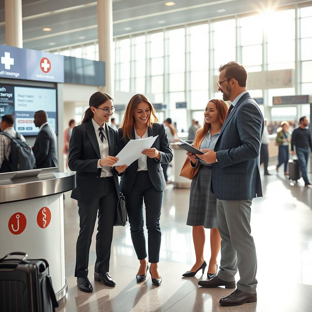 A modern emergency medical coverage scene in an airport setting, featuring a diverse group of travelers in professional business attire interacting with a friendly insurance representative. In the foreground, a young woman is carefully reviewing her insurance policy documents while a man beside her takes notes. The middle ground shows an airport information desk with a large digital screen displaying health coverage options, and medical icons like a red cross and stethoscope subtly integrated into the design. The background reveals bustling travelers and an airport lounge area, illuminated by bright natural light streaming through large windows, creating a hopeful and reassuring atmosphere. Capture this with a wide-angle lens to emphasize the vibrancy and importance of securing travel medical coverage.
