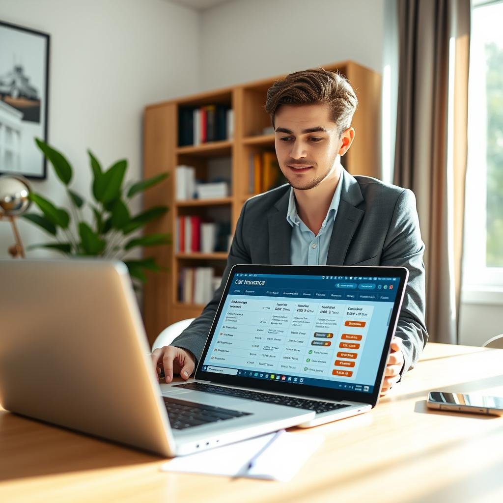 A modern home office setting featuring a professional young adult, dressed in business casual attire, engaged in the process of obtaining car insurance quotes online. In the foreground, a sleek laptop displays a user-friendly insurance comparison website, with various quote options visible on the screen. The middle ground includes an inviting desk adorned with a notepad and a smartphone. The background reveals a tasteful bookshelf filled with business books and a potted plant, adding a touch of warmth. Natural light streams in through a spacious window, creating a bright and positive atmosphere. The angle should capture both the laptop and the individual, showcasing their focused expression, surrounded by an environment that conveys professionalism and accessibility in the insurance process.