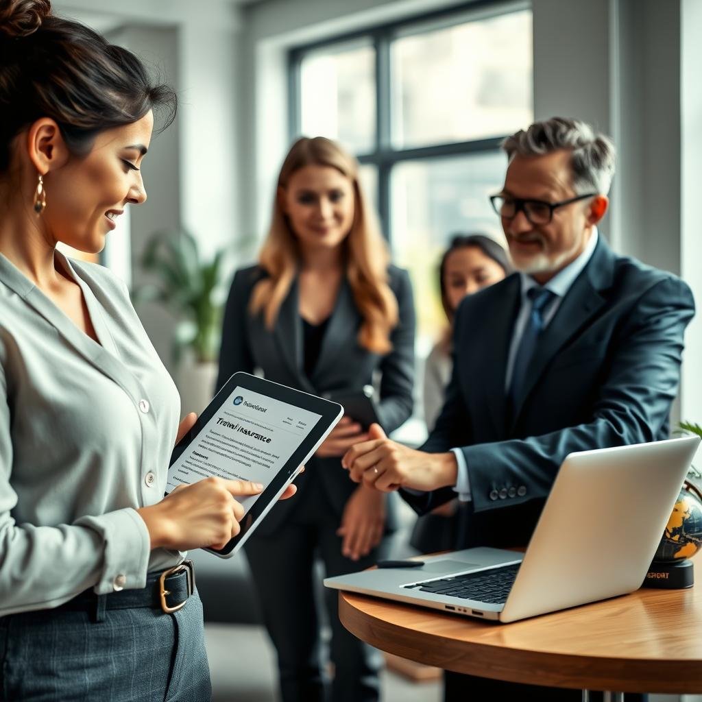 A modern, inviting office setting featuring a diverse group of professionals engaged in a discussion about travel insurance options. In the foreground, a businesswoman in smart casual attire holds a tablet, illustrating online travel insurance policies, while a middle-aged man in a suit points at a laptop displaying customer reviews. In the background, a bright window reveals a view of a passport and travel-related items like a globe and a camera, symbolizing travel. Soft, natural lighting enhances the warm and collaborative atmosphere, with a slight depth of field focusing on the engaged group. The overall mood is positive and professional, emphasizing trust and comfort in online travel insurance experiences.
