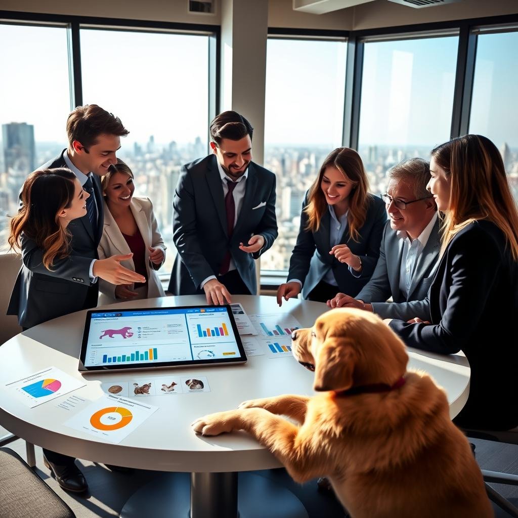 A modern office environment featuring a diverse group of professionals, all in business attire, gathered around a large, round table analyzing colorful charts and graphs related to customized pet insurance fees. In the foreground, a tablet or laptop displaying a digital interface of personalized pet insurance quotes with playful pet images. The middle ground shows these professionals engaged in animated discussion, gesturing towards the data, with a friendly golden retriever lying at their feet. In the background, a large window offers a view of a city skyline under bright, natural sunlight, enhancing a positive and progressive atmosphere. The mood is collaborative and forward-thinking, emphasizing innovation in pet insurance services.