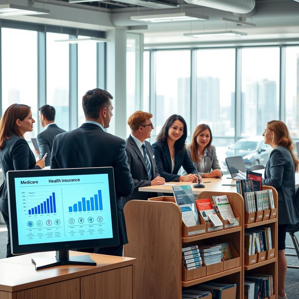A modern office environment filled with visual elements symbolizing health insurance, featuring a diverse group of professionals dressed in business attire, engaged in a collaborative discussion around a table. In the foreground, a digital display shows charts and graphs about Medicare and Medicaid, with icons representing health services. The middle ground includes shelves stocked with healthcare brochures and pamphlets. The background reveals a large window showcasing a bright cityscape, illuminated by soft natural light, creating an optimistic atmosphere. The composition suggests a sense of trust, security, and professionalism, reflecting the importance of health insurance in everyday life. Use a wide-angle lens to capture the entire scene, emphasizing collaboration and communication among the professionals. A modern office environment filled with visual elements symbolizing health insurance, featuring a diverse group of professionals dressed in business attire, engaged in a collaborative discussion around a table. In the foreground, a digital display shows charts and graphs about Medicare and Medicaid, with icons representing health services. The middle ground includes shelves stocked with healthcare brochures and pamphlets. The background reveals a large window showcasing a bright cityscape, illuminated by soft natural light, creating an optimistic atmosphere. The composition suggests a sense of trust, security, and professionalism, reflecting the importance of health insurance in everyday life. Use a wide-angle lens to capture the entire scene, emphasizing collaboration and communication among the professionals.