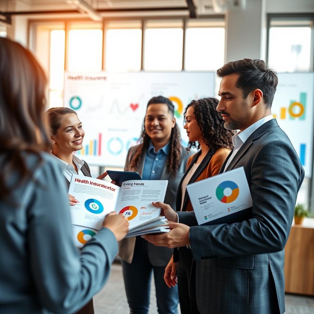 A modern office environment showcasing a diverse group of professionals engaged in a discussion about health plan benefits. In the foreground, a confident businesswoman and a thoughtful businessman examine colorful brochures and digital devices displaying health insurance statistics and visuals. The middle ground features a large screen displaying health insurance metrics and evolving trends, with infographics and pie charts seamlessly integrated. The background includes large windows allowing natural light to flood the space, enhancing a sense of positivity and innovation. The scene is captured with a warm color palette, suggesting collaboration and progress. The atmosphere is dynamic and forward-thinking, reflecting the ongoing evolution in health insurance solutions. A modern office environment showcasing a diverse group of professionals engaged in a discussion about health plan benefits. In the foreground, a confident businesswoman and a thoughtful businessman examine colorful brochures and digital devices displaying health insurance statistics and visuals. The middle ground features a large screen displaying health insurance metrics and evolving trends, with infographics and pie charts seamlessly integrated. The background includes large windows allowing natural light to flood the space, enhancing a sense of positivity and innovation. The scene is captured with a warm color palette, suggesting collaboration and progress. The atmosphere is dynamic and forward-thinking, reflecting the ongoing evolution in health insurance solutions.