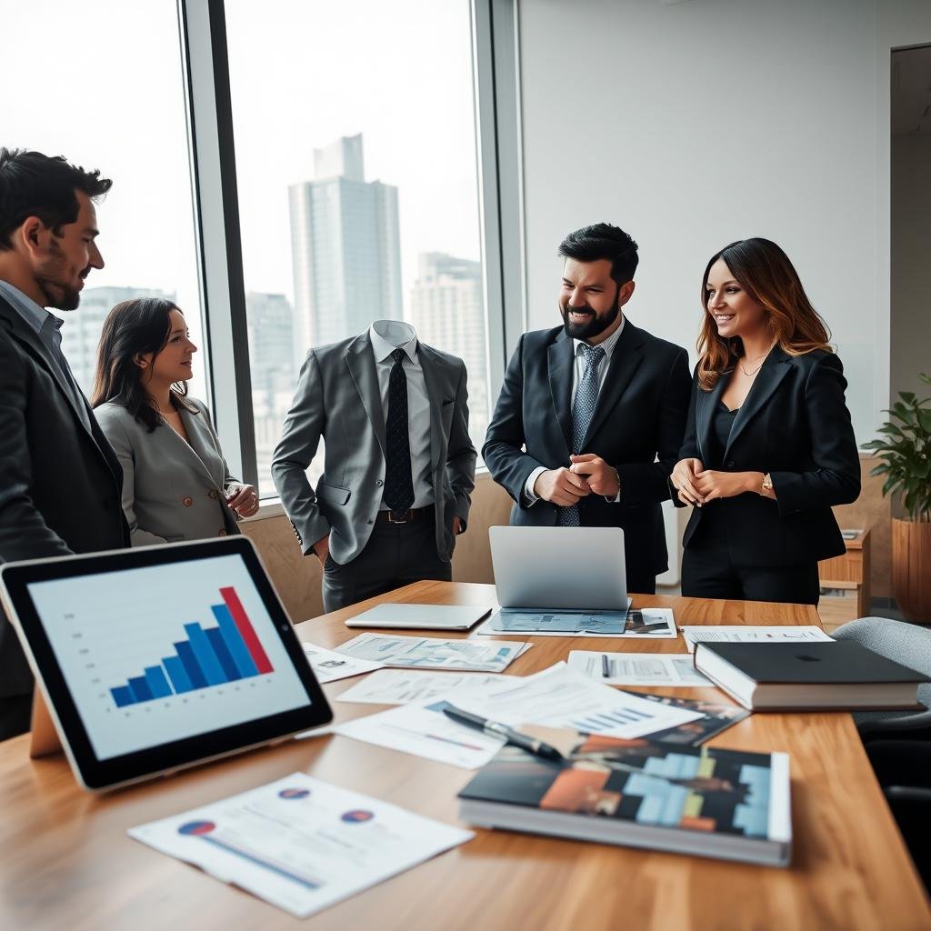A modern office environment showcasing tailored insurance solutions for businesses. In the foreground, a diverse group of three professionals (two men and one woman) in smart business attire, engaged in a discussion around a large digital tablet displaying graphs and data related to insurance. In the middle, a sleek desk covered with documents, a laptop, and insurance brochures, symbolizing customized plans. The background features a large window with a cityscape view, demonstrating growth and innovation. Soft, natural lighting fills the room, creating an inviting atmosphere. The angle is slightly elevated, capturing both the professionals and the dynamic office space as a hub of ideas and future trends in specialized business insurance.
