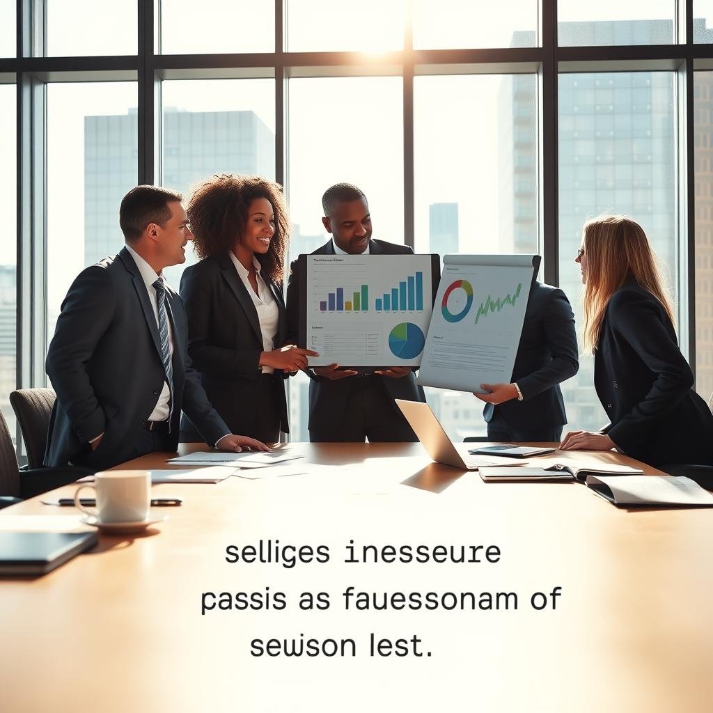A modern office setting featuring a diverse group of three business professionals engaged in a discussion around a large conference table, symbolizing the process of selecting the best business insurance plans. The foreground includes a neatly arranged table with documents, laptops, and a coffee cup, emphasizing professionalism. In the middle ground, the professionals, dressed in tailored suits, are actively reviewing charts and graphs on a screen, portraying a collaborative atmosphere. The background includes a skyline view through large windows, providing a bright and inviting light, suggesting a sunny day. The overall mood is focused, dynamic, and solutions-oriented, highlighting the importance of finding the right insurance provider in today's fast-paced business environment. A modern office setting featuring a diverse group of three business professionals engaged in a discussion around a large conference table, symbolizing the process of selecting the best business insurance plans. The foreground includes a neatly arranged table with documents, laptops, and a coffee cup, emphasizing professionalism. In the middle ground, the professionals, dressed in tailored suits, are actively reviewing charts and graphs on a screen, portraying a collaborative atmosphere. The background includes a skyline view through large windows, providing a bright and inviting light, suggesting a sunny day. The overall mood is focused, dynamic, and solutions-oriented, highlighting the importance of finding the right insurance provider in today's fast-paced business environment.