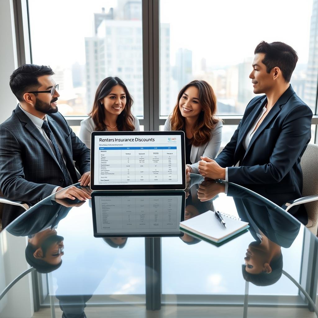 A modern office setting featuring a professional conversation about renters insurance discounts. In the foreground, a diverse group of three professionals, one man and two women, sitting around a sleek glass table, dressed in smart business attire, engaged in a discussion. The middle layer should include a laptop displaying comparison charts of insurance deals and a notepad with written notes. In the background, a bright window reveals a cityscape, adding an uplifting urban feel. Soft, natural lighting from the window gives the scene a warm and inviting atmosphere, emphasizing collaboration and professionalism. Capture the angle slightly from above to show both the participants and the materials on the table, highlighting a productive exchange of ideas. A modern office setting featuring a professional conversation about renters insurance discounts. In the foreground, a diverse group of three professionals, one man and two women, sitting around a sleek glass table, dressed in smart business attire, engaged in a discussion. The middle layer should include a laptop displaying comparison charts of insurance deals and a notepad with written notes. In the background, a bright window reveals a cityscape, adding an uplifting urban feel. Soft, natural lighting from the window gives the scene a warm and inviting atmosphere, emphasizing collaboration and professionalism. Capture the angle slightly from above to show both the participants and the materials on the table, highlighting a productive exchange of ideas.