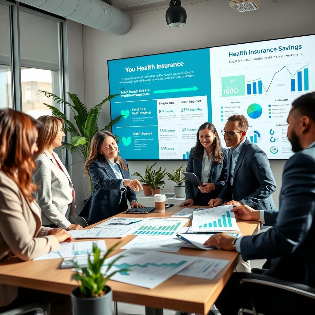 A modern office setting focusing on budget-friendly health insurance options. In the foreground, a diverse group of professionals in business attire are engaged in a discussion around a table filled with documents and charts showing various health plans. One person is pointing at a graph illustrating the impact of lifestyle choices on insurance rates. The middle ground features a large window with natural light streaming in, highlighting potted plants that symbolize wellness. In the background, a large screen displays infographics related to health insurance savings, with calming blue and green tones to evoke trust and stability. The atmosphere feels collaborative and optimistic, encouraging financial literacy and informed decision-making in health insurance. The composition is well-lit, with soft shadows and a balanced perspective that draws the viewer's eye to the central discussion.