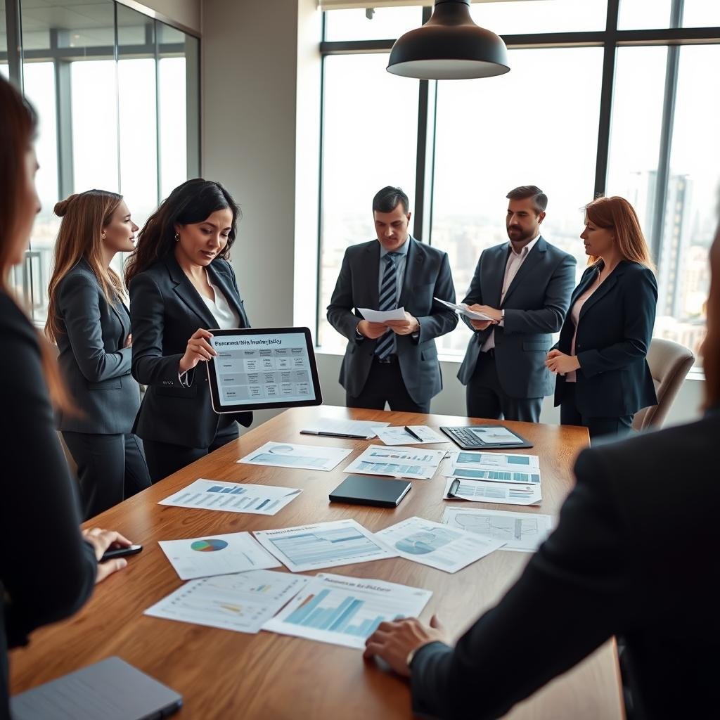 A modern office setting, showcasing a diverse group of professionals engaged in a detailed discussion about personalized risk management solutions. In the foreground, a confident woman in a tailored suit points at a digital tablet displaying customizable insurance policy options. Beside her stands a man in professional attire who is taking notes. In the middle, a large wooden conference table is littered with documents and charts illustrating various insurance plans. The background features a large window allowing natural light to illuminate the room, with a city skyline visible outside. The atmosphere is focused and collaborative, conveying a sense of innovation and professionalism, captured from a slightly elevated angle to emphasize the teamwork involved in reviewing and updating insurance policies.