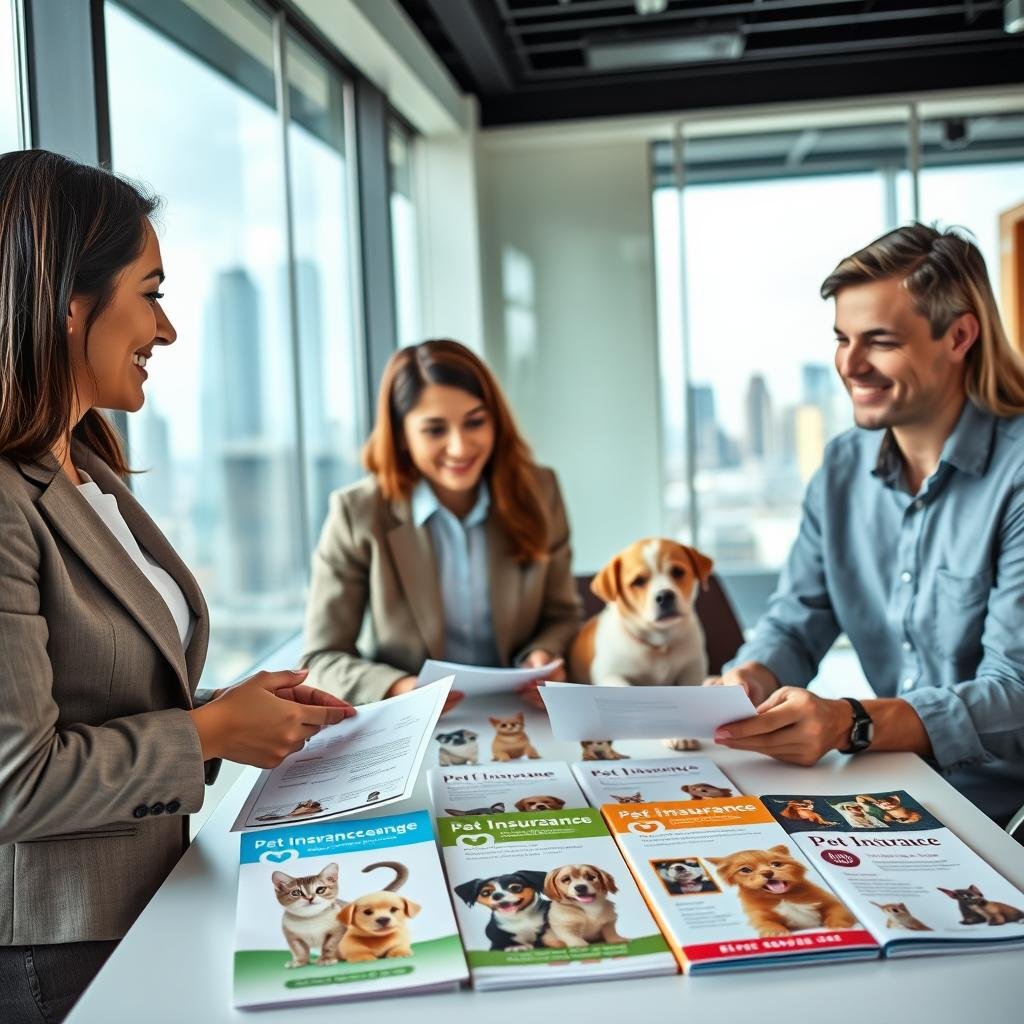 A modern office setting showcasing diverse pet insurance providers in the U.S. In the foreground, a friendly, professional-looking woman of Hispanic descent in business attire discusses options with a couple, a man and woman of Caucasian descent, who are reviewing documents on a table. In the middle, an array of colorful pet insurance brochures is displayed, featuring happy pets like dogs and cats to illustrate coverage benefits. The background includes a sleek window with a city skyline view, suggesting a bustling environment. Soft, natural lighting highlights the friendly atmosphere, with a slight focus on the main subjects to create a warm, inviting mood. The angle is slightly from above, encapsulating the action and camaraderie of the discussion.