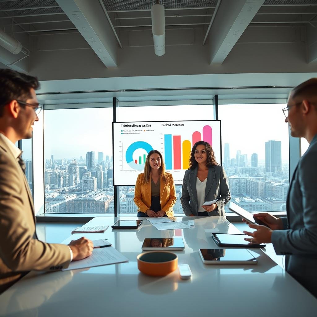 A modern office setting with professionals discussing customized business insurance plans. In the foreground, a diverse group of three individuals in business attire—a man in a tailored suit, a woman in a smart blazer, and another person in a business casual outfit—are gathered around a sleek conference table covered with documents and digital tablets. In the middle ground, a large presentation screen displays colorful graphs and charts illustrating successful case studies of tailored insurance solutions. The background features a panoramic window showcasing a city skyline, with soft natural light streaming in, creating a calm and focused atmosphere. Use a wide-angle lens perspective, capturing the dynamic interactions and engaged expressions of the professionals. The overall mood is collaborative and innovative, emphasizing the importance of customizable insurance for businesses.