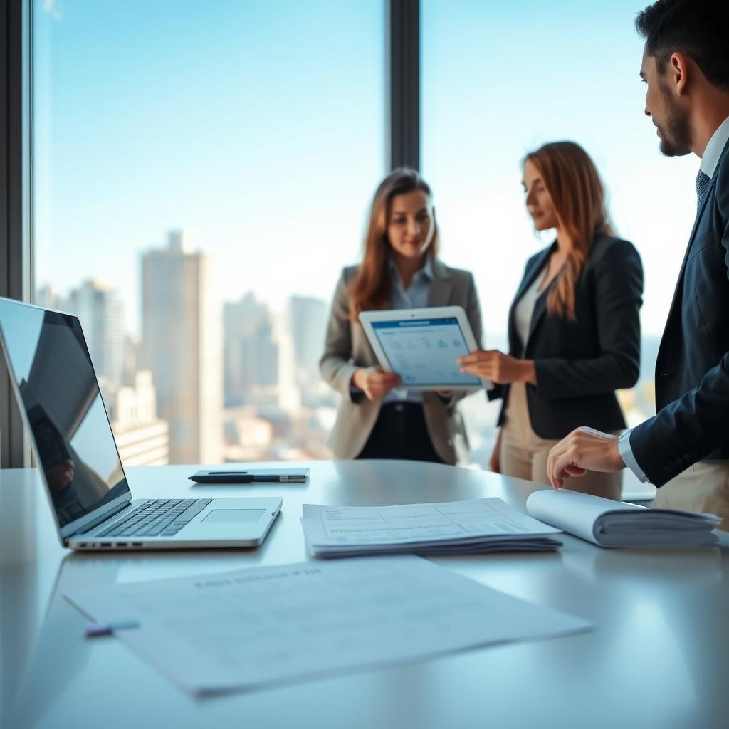 A modern office space with a sleek desk in the foreground, featuring a laptop and paperwork on rental property insurance. In the middle ground, a professional wearing business attire is engaged in a discussion with a client, both looking at a digital tablet displaying insurance options. The backdrop reveals a large window with cityscape views under a clear blue sky, providing soft, natural lighting. The atmosphere is focused and professional, emphasizing clarity and assurance. The scene is composed with a slight depth of field, ensuring the individuals are the focal point, while the background remains slightly blurred to enhance the emphasis on their conversation about legal requirements for renter’s insurance.