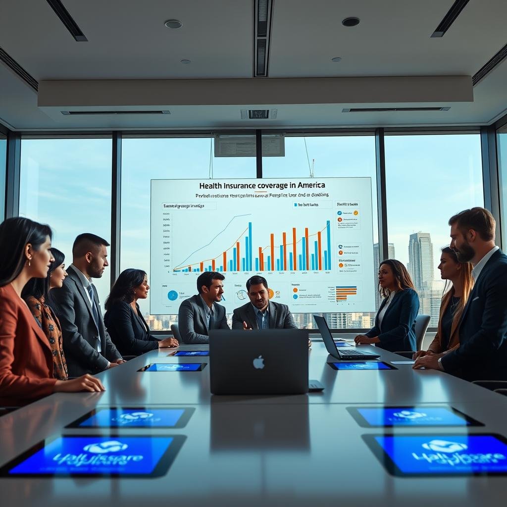 A modern, professional office setting featuring a sleek conference room table with health insurance company logos prominently displayed on digital screens. In the foreground, a diverse group of business professionals, dressed in smart business attire, engage in discussion, analyzing data presented on a laptop. The middle ground showcases a large wall chart depicting trends and projections in health insurance coverage in America, with graphs and infographics emphasizing the evolving landscape. The background reveals large windows overlooking a vibrant city skyline, symbolizing growth and innovation. Soft, natural light floods the room, creating an optimistic and collaborative atmosphere, while a low-angle shot enhances the sense of progress and forward-thinking. A modern, professional office setting featuring a sleek conference room table with health insurance company logos prominently displayed on digital screens. In the foreground, a diverse group of business professionals, dressed in smart business attire, engage in discussion, analyzing data presented on a laptop. The middle ground showcases a large wall chart depicting trends and projections in health insurance coverage in America, with graphs and infographics emphasizing the evolving landscape. The background reveals large windows overlooking a vibrant city skyline, symbolizing growth and innovation. Soft, natural light floods the room, creating an optimistic and collaborative atmosphere, while a low-angle shot enhances the sense of progress and forward-thinking.