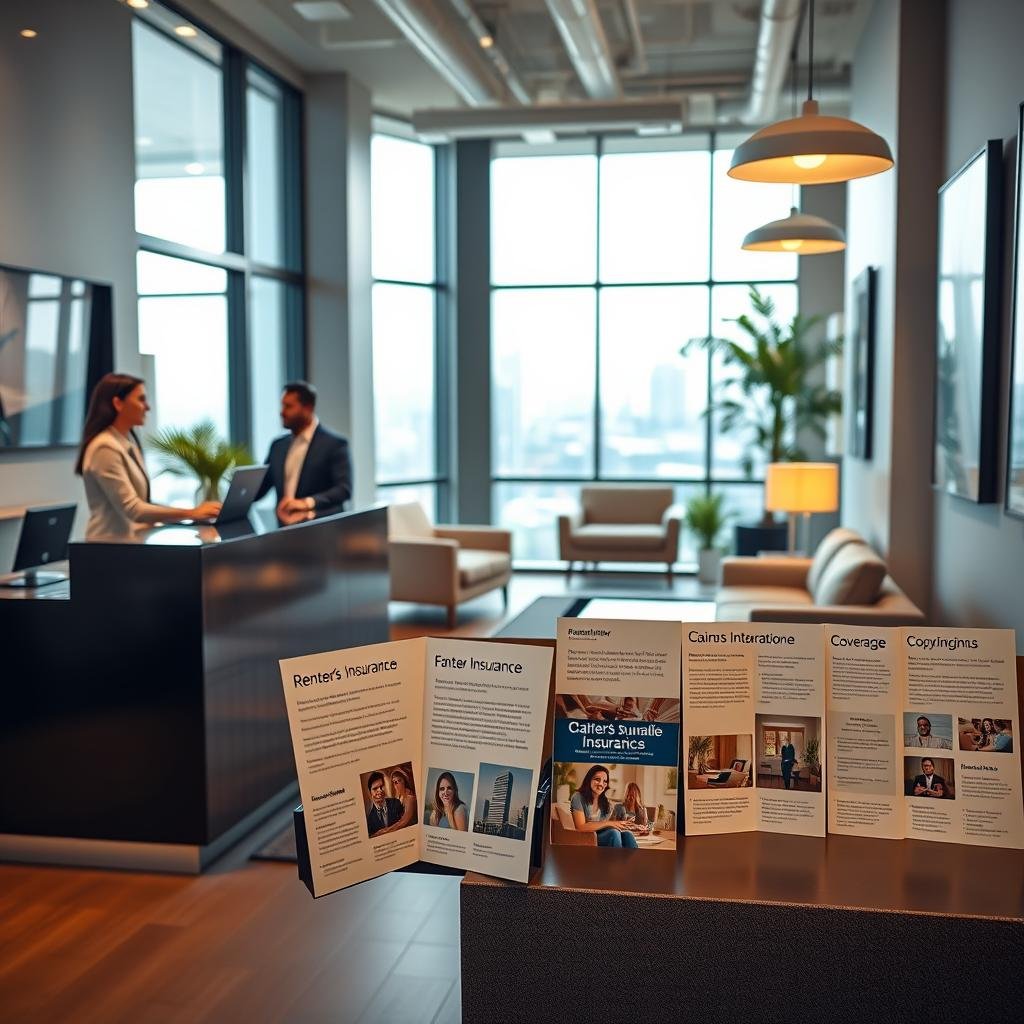 A modern renter's insurance agency office, showcasing a welcoming reception area in the foreground, featuring a sleek desk with a friendly agent in professional attire assisting a client. The middle ground captures comfortable seating with information brochures about claims and coverage options prominently displayed. The background reveals large windows allowing natural light to flood in, creating an airy atmosphere, with cityscape views outside. Soft, warm lighting illuminates the space, enhancing a sense of security and professionalism. The overall mood is calm and reassuring, reflecting the agency's dedication to protecting clients' homes and belongings, while promoting a smooth claims process.