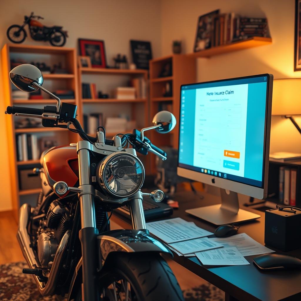 A modern, sleek motorcycle parked next to a glowing computer screen displaying an online motorcycle insurance claim form. In the foreground, focus on the motorcycle, showcasing its shiny chrome parts and vibrant paint job. In the middle, the computer screen is surrounded by scattered documents, including a claim form and insurance policy, hinting at the filing process. The background features a cozy home office with warm, soft lighting from a desk lamp, creating a professional yet inviting atmosphere. The room has shelves with motorcycle-themed decor and insurance books. The mood is focused and purposeful, emphasizing the simplicity and accessibility of filing an insurance claim online.
