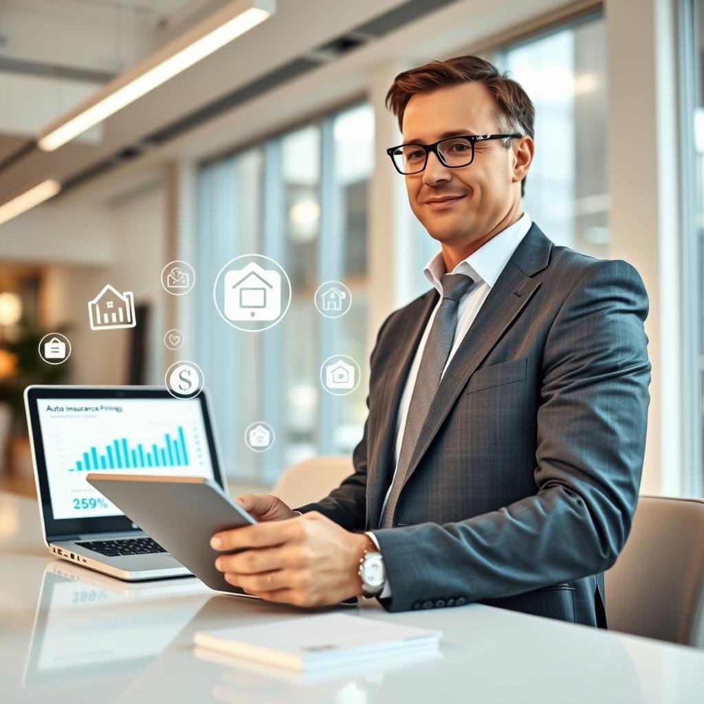 A modern, sleek office setting filled with high-tech gadgets representing insurance technology. In the foreground, a confident professional in formal business attire, a middle-aged man, is interacting with a tablet displaying graphs and statistics on auto insurance savings. In the middle, an open laptop shows an automated pricing tool, while various insurance-related icons hover around, symbolizing savings and discounts. The background features a bright, airy office with large windows letting in natural light, creating a warm and optimistic atmosphere. The lighting is soft, highlighting the professional's focus and determination. The camera angle is slightly tilted to enhance the dynamic feeling of technological advancement in the insurance industry. A modern, sleek office setting filled with high-tech gadgets representing insurance technology. In the foreground, a confident professional in formal business attire, a middle-aged man, is interacting with a tablet displaying graphs and statistics on auto insurance savings. In the middle, an open laptop shows an automated pricing tool, while various insurance-related icons hover around, symbolizing savings and discounts. The background features a bright, airy office with large windows letting in natural light, creating a warm and optimistic atmosphere. The lighting is soft, highlighting the professional's focus and determination. The camera angle is slightly tilted to enhance the dynamic feeling of technological advancement in the insurance industry.