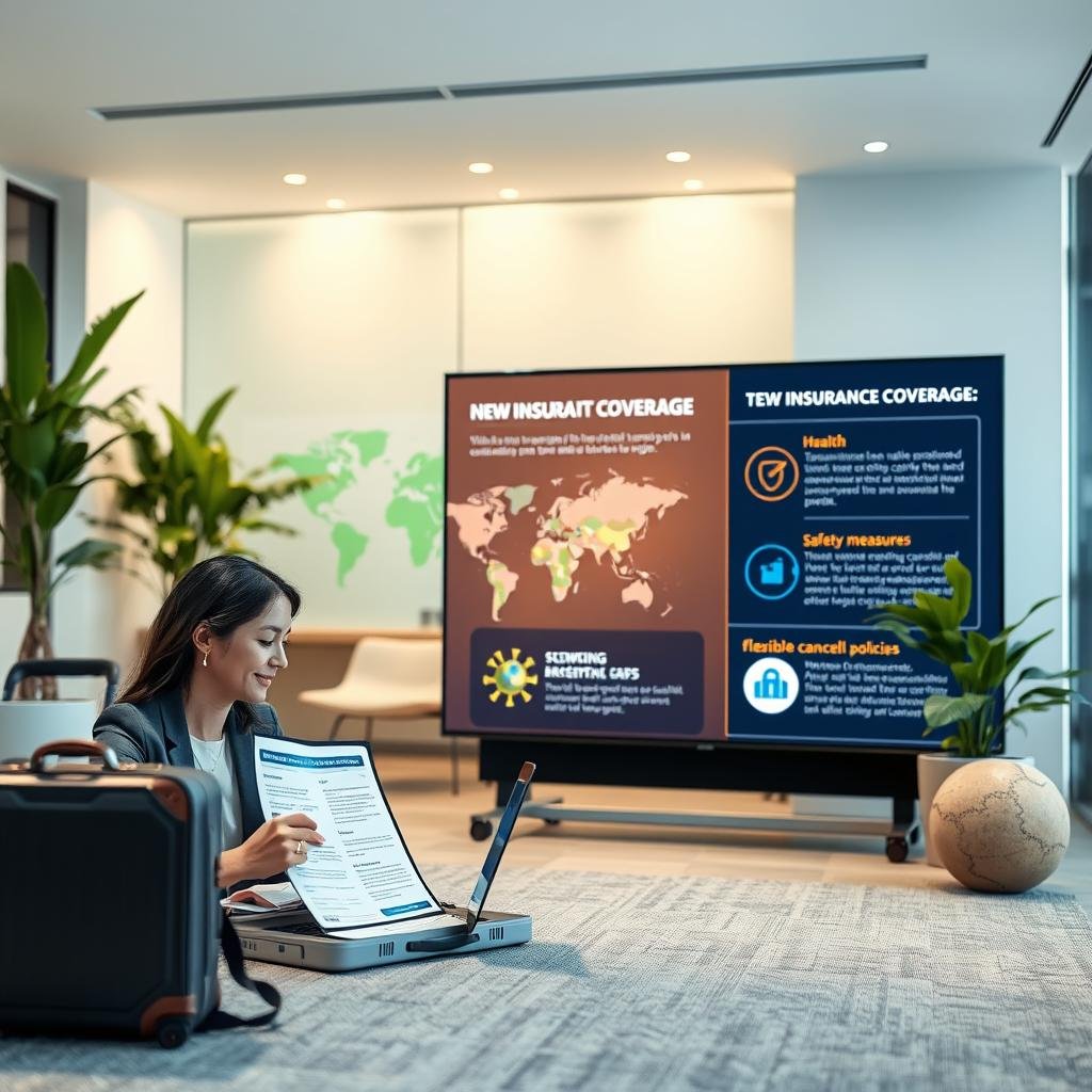 A modern travel insurance office environment showcasing the evolution in travel insurance policies post-COVID-19. In the foreground, a professional woman in business attire is reviewing travel insurance documents on a laptop, surrounded by travel-related items like a suitcase and a world map. The middle ground features a large digital screen displaying infographics about new travel insurance coverage, with visuals depicting health, safety measures, and flexible cancellation policies. The background shows a calming, well-lit office space with green plants, representing a safe and secure travel atmosphere. Soft lighting creates a welcoming ambiance, emphasizing professionalism and innovation. The overall mood is optimistic and informative, reflecting the changes in the travel insurance landscape.