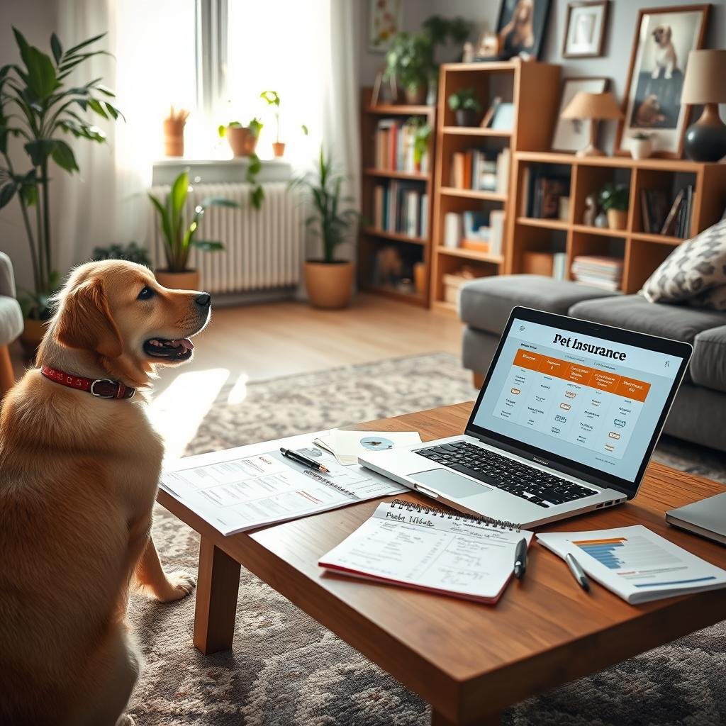A professional and informative workspace depicting a cozy living room environment focused on pet insurance planning. In the foreground, a friendly golden retriever is sitting on a stylish rug, looking engagingly at a laptop displaying a pet insurance comparison site. The middle ground features a wooden coffee table cluttered with charts, brochures, and a notepad filled with handwritten notes about different pet insurance plans. In the background, a soft-lit bookshelf filled with pet care books and framed pictures of pets creates a warm atmosphere. Natural sunlight is streaming through a window, casting a gentle glow, while indoor plants add a touch of freshness. The mood is optimistic and approachable, encouraging viewers to consider their options for their pet’s well-being. The image is captured with a slight depth of field, focusing on the pet and the laptop.