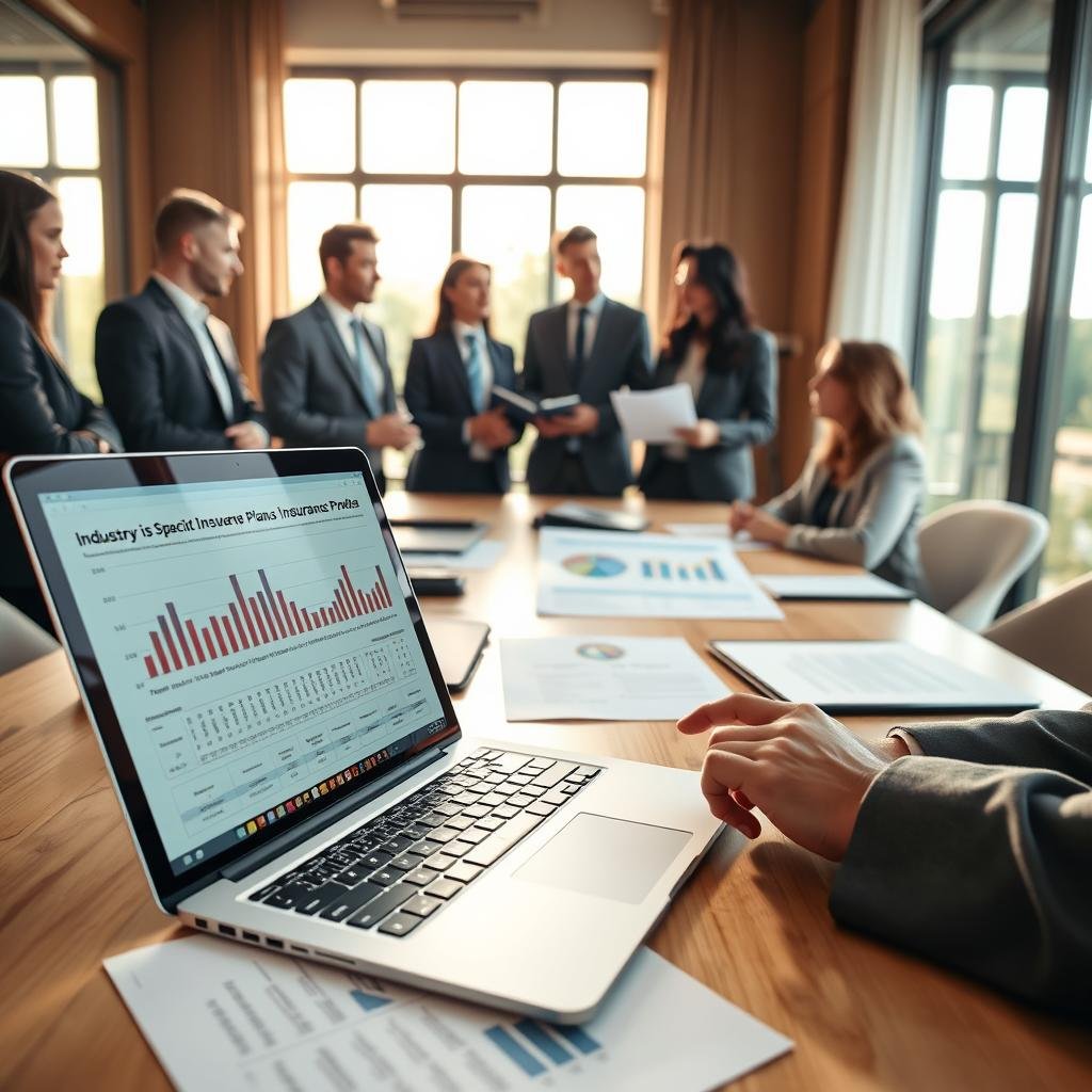 A professional and inviting office environment, showcasing diverse business professionals in business attire gathered around a conference table. In the foreground, a detailed visual of an open laptop displaying industry-specific insurance plans and graphs, with legal documents and a digital tablet. The middle ground features engaged conversations, with one person pointing at a pie chart, while others take notes. The background includes a large window with sunlight streaming in, casting a warm glow on the scene. The atmosphere is focused and collaborative, highlighting trust and reliability in choosing an insurance provider. The composition uses soft, natural lighting, shot at a wide-angle to capture the essence of teamwork and professionalism.