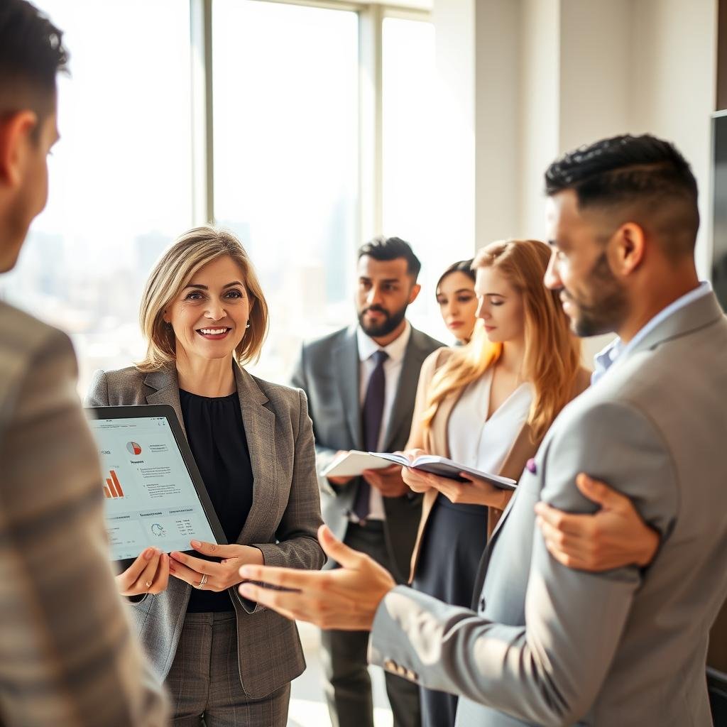 A professional and polished office environment, focusing on a diverse group of individuals engaged in a discussion about life insurance alternatives. In the foreground, a middle-aged woman in business attire enthusiastically points to a digital tablet displaying graphs and benefits of various life insurance options. A young man beside her, also in professional attire, takes notes, showing active engagement. In the background, a large window reveals a city skyline under bright, natural daylight, casting soft shadows across the room. The atmosphere is collaborative and informative, highlighting the importance of exploring alternative life insurance options. The image captures a warm and inviting mood, with bright colors and an organized layout, emphasizing clarity and professionalism.