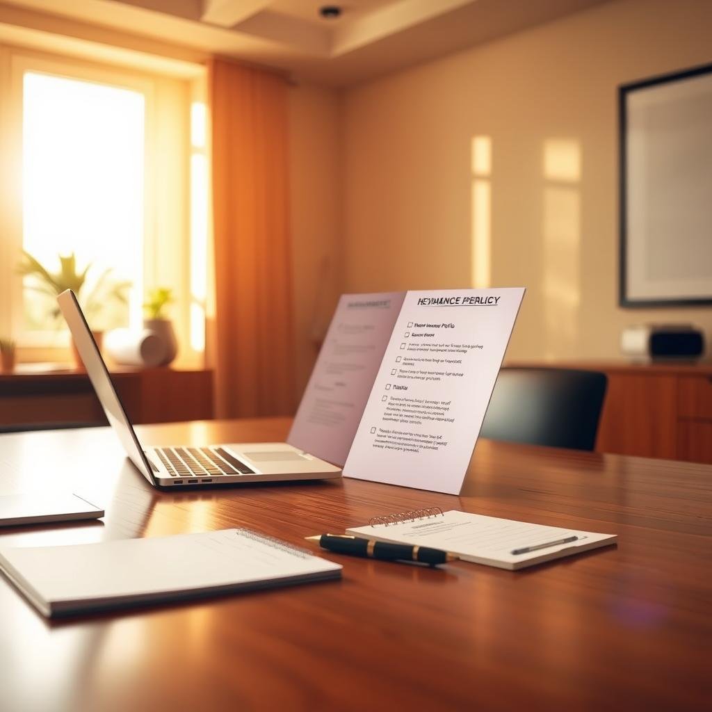 A professional and polished office setting is depicted in the foreground, featuring a wooden desk elegantly arranged with a laptop, notepad, and a pen, symbolizing a thorough review of home insurance policy terms. The middle layer shows an open document displaying a checklist of essential home insurance policy details, emphasized with a gentle light glow, hinting at important items to review. In the background, a large window allows warm, natural light to flood the room, casting soft shadows and creating a relaxed yet focused atmosphere. The overall mood is serene yet serious, inviting the viewer to engage with the important task of reviewing insurance paperwork. The image should have a warm color palette, emphasizing professionalism and clarity.