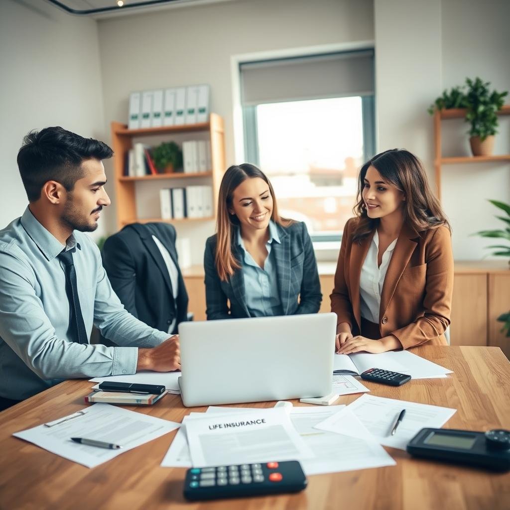A professional business office setting, depicting a diverse group of three individuals—one male and two females—engaged in a collaborative conversation about life insurance applications. The trio is dressed in smart business attire, exuding a sense of professionalism and trust. In the foreground, a well-organized desk is scattered with life insurance application forms, a laptop, and a calculator, all symbolizing the process of applying for coverage. The middle ground features a large window letting in soft, natural light, casting a warm glow over the scene. In the background, there are shelves with neatly arranged books and plants, adding a touch of greenery. The atmosphere is focused and constructive, highlighting the importance of careful consideration and teamwork in securing comprehensive life insurance coverage.