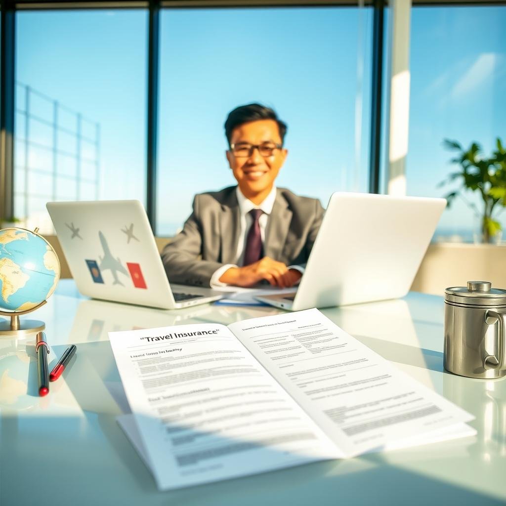 A professional business scene depicting a smartly dressed individual sitting at a sleek modern desk, efficiently organizing travel insurance documents. The individual, a middle-aged person of Asian descent, is smiling while using a laptop with travel-related images on the screen, such as airplanes and passports. In the foreground, an open travel insurance policy is prominently displayed, showcasing its features. The middle ground features a well-organized workspace with pens, a globe, and a stylish travel mug. The background reveals a bright and inviting office space with large windows showing a clear blue sky. Soft, natural lighting illuminates the scene, casting gentle shadows for a warm, professional atmosphere. The overall mood is one of confidence and efficiency, emphasizing a hassle-free approach to securing travel insurance.