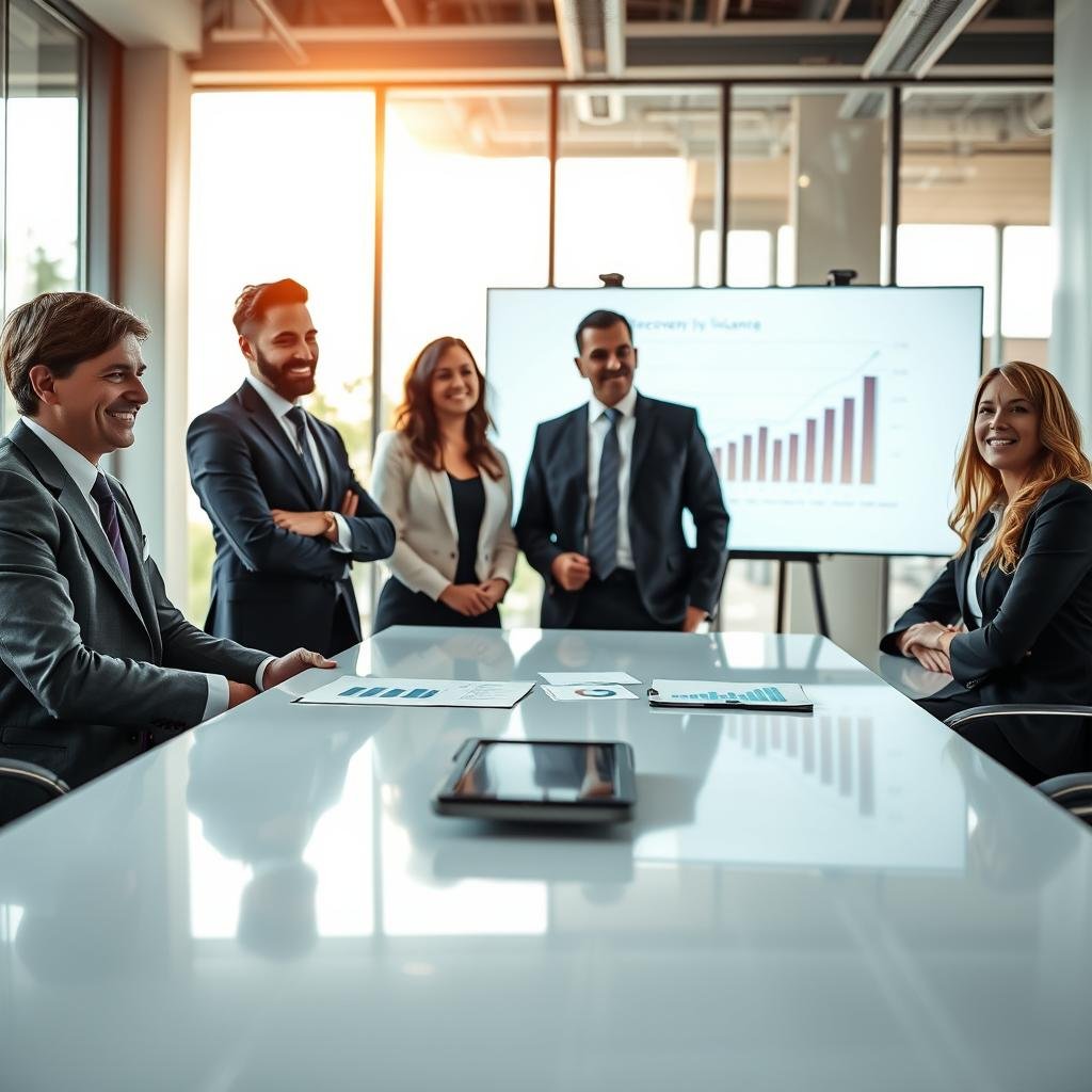 A professional business scene illustrating the advantages of commercial insurance, focusing on the theme of business continuity and recovery. In the foreground, a diverse group of business professionals, including men and women in smart business attire, are engaged in a discussion. They appear optimistic and focused, with a tablet and financial documents on a sleek conference table. The middle ground features a digital screen displaying graphs and recovery plans, symbolizing strategy and planning. The background shows a modern office environment with large windows letting in soft natural light, creating an uplifting atmosphere. The overall mood is one of collaboration and assurance, emphasizing preparedness and resilience in the face of challenges. The composition is well-lit, capturing sharp details, with a slight depth of field to keep the focus on the professionals.