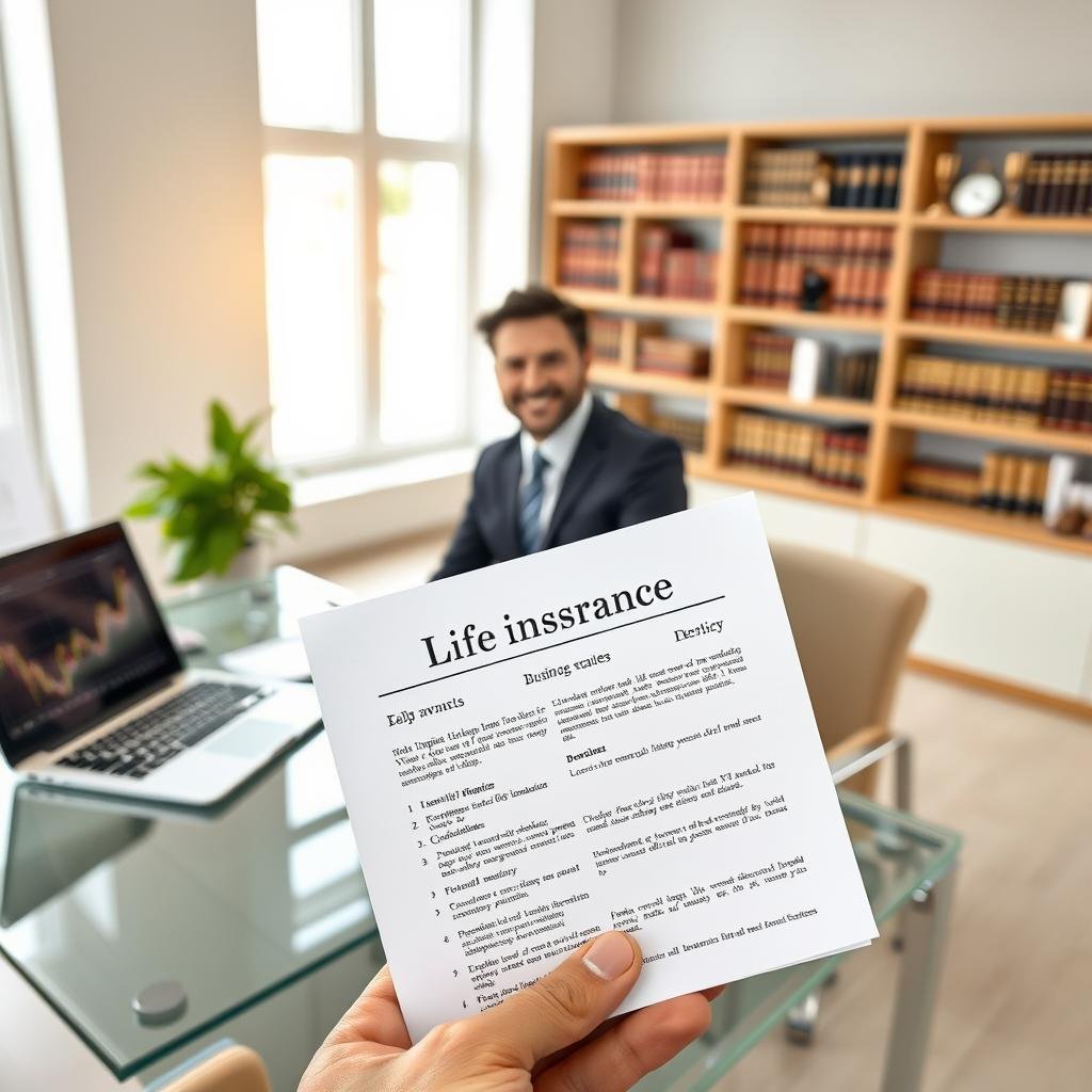 A professional business setting featuring a confident business owner in a tailored suit, sitting at a sleek glass desk surrounded by papers and a laptop displaying financial graphs. In the foreground, a hand is holding a life insurance policy document prominently showcasing its benefits. The middle ground includes a bright, airy office with large windows allowing natural light to illuminate the space, creating a warm and optimistic atmosphere. In the background, a large bookshelf filled with legal books and business awards indicates success and trustworthiness. The scene is shot with a shallow depth of field to focus on the document, with soft, diffused lighting enhancing the professional mood, symbolizing security and foresight for business owners.