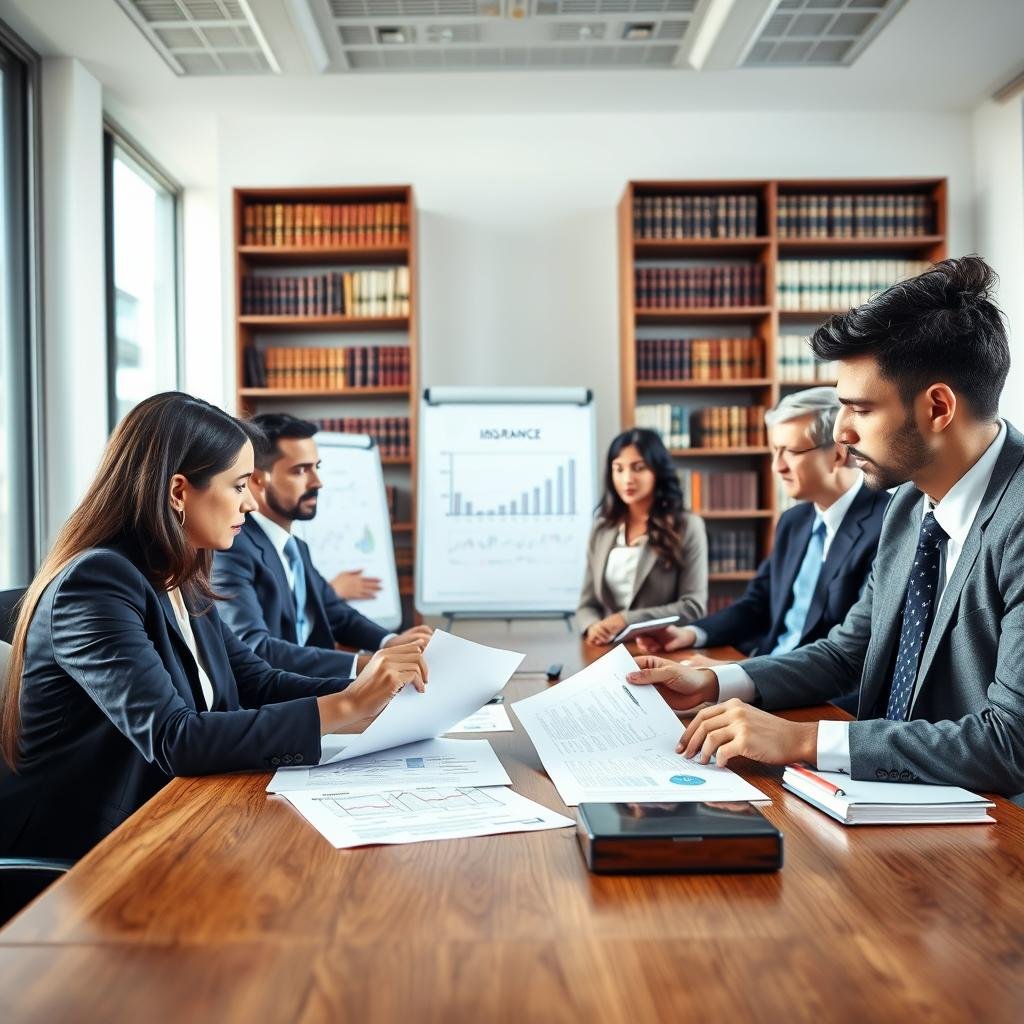 A professional business setting featuring a diverse group of businesspeople in formal attire, engaged in a discussion. The foreground shows two engaged individuals analyzing legal documents and insurance papers on a wooden conference table. In the middle, a bright, sunlit room with large windows displays a modern office environment, with charts and graphs on a whiteboard that highlight business operations and compliance. In the background, bookshelves filled with law and finance books signify knowledge and preparation. The mood is focused and serious, reflecting the importance of meeting legal requirements for business insurance. Use soft natural lighting to enhance the professionalism of the scene, while a wide-angle perspective captures the dynamics of the meeting.