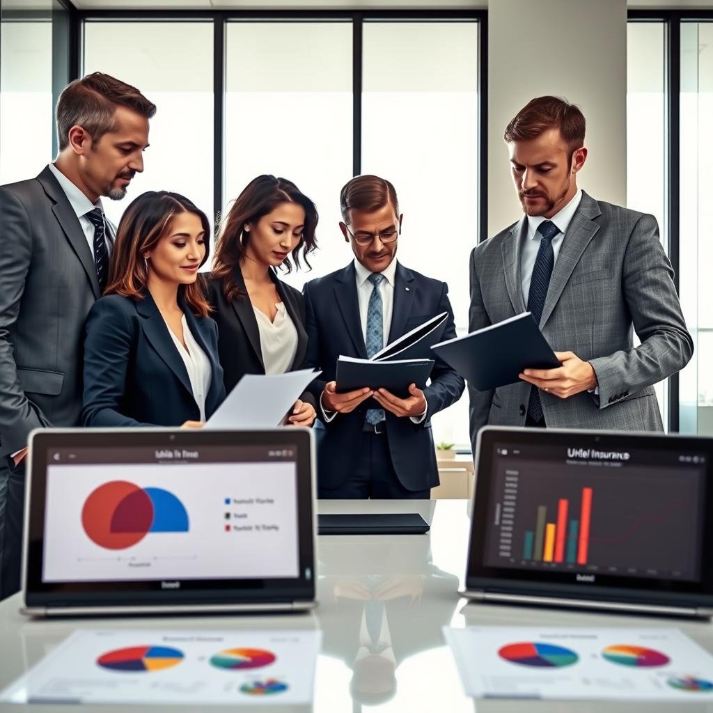 A professional business setting showcasing top umbrella insurance providers. In the foreground, a diverse group of three professionals in business attire, including a woman in a navy blazer and two men in gray suits, examining insurance documents together. In the middle ground, an elegant conference table with branded folders and laptops displaying graphs and charts related to umbrella insurance. The background reveals a bright office space with large windows allowing natural sunlight to illuminate the scene, creating a warm and inviting atmosphere. Use a wide-angle lens for an expansive view that highlights the collaborative environment. The mood should convey trust and professionalism, emphasizing informed decision-making in selecting the right insurance provider.