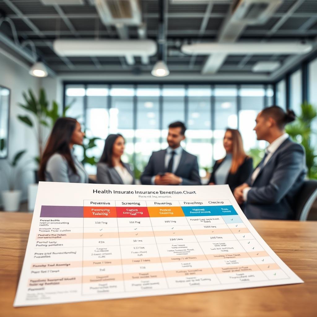 A professional comparison chart of health insurance benefits lies in the foreground, showcasing various preventive services like vaccinations, screenings, and wellness checkups. The middle ground features an office setting with a diverse group of individuals in professional business attire discussing the chart, emphasizing collaboration and informed decision-making. In the background, soft-focus elements such as a large window with natural light pouring in, potted plants, and a modern office decor convey a warm and inviting atmosphere. The scene is well-lit, with even lighting creating a sense of clarity and focus, while a slight overhead angle captures both the individuals and the chart effectively. The mood is informative and encouraging, reflecting a commitment to health and wellness.