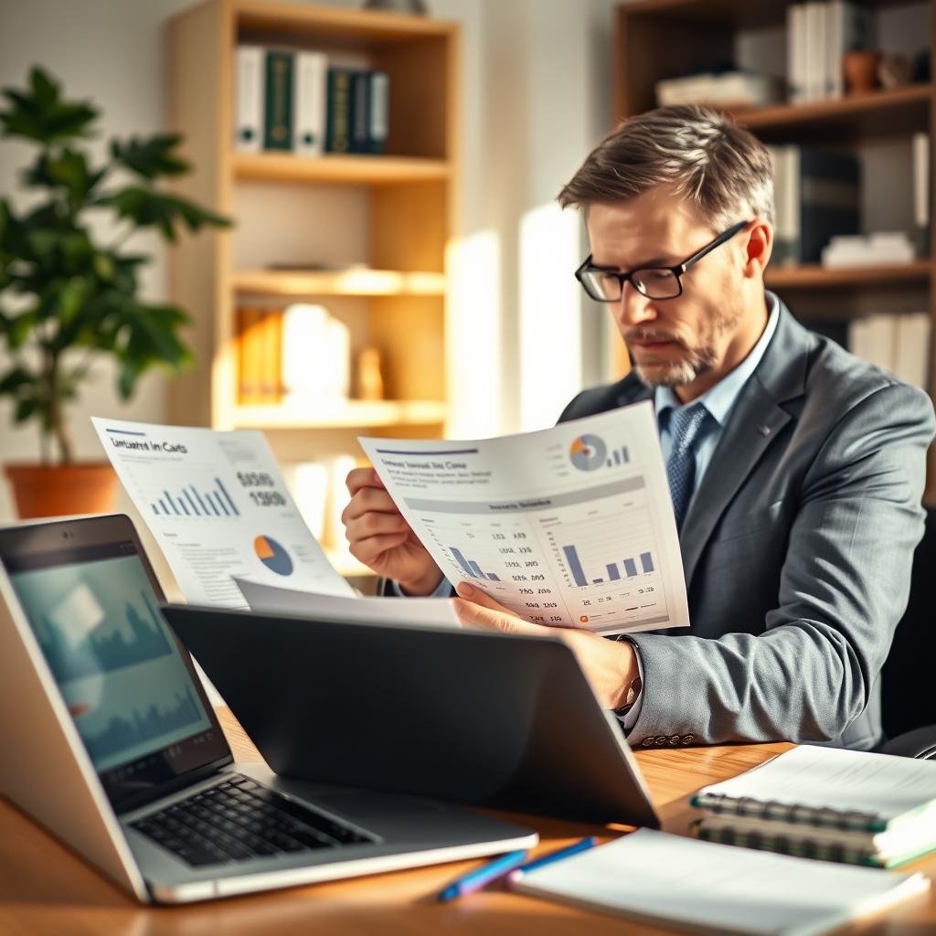 A professional financial advisor sitting at a desk, calculating umbrella insurance costs, surrounded by charts and graphs that indicate cost-saving tips. In the foreground, the advisor, dressed in a smart business suit, examines a document with numbers and statistics, displaying focus and expertise. The middle ground features a laptop opened, showing a financial planning software interface, while a notepad with handwritten notes rests beside it. The background has a softly blurred bookshelf filled with financial books and a potted plant, creating an atmosphere of a well-organized office. The lighting is bright and natural, filtering through a nearby window to create a welcoming and professional environment. The overall mood is one of diligence and financial mindfulness, emphasizing the importance of informed decision-making in managing insurance costs.