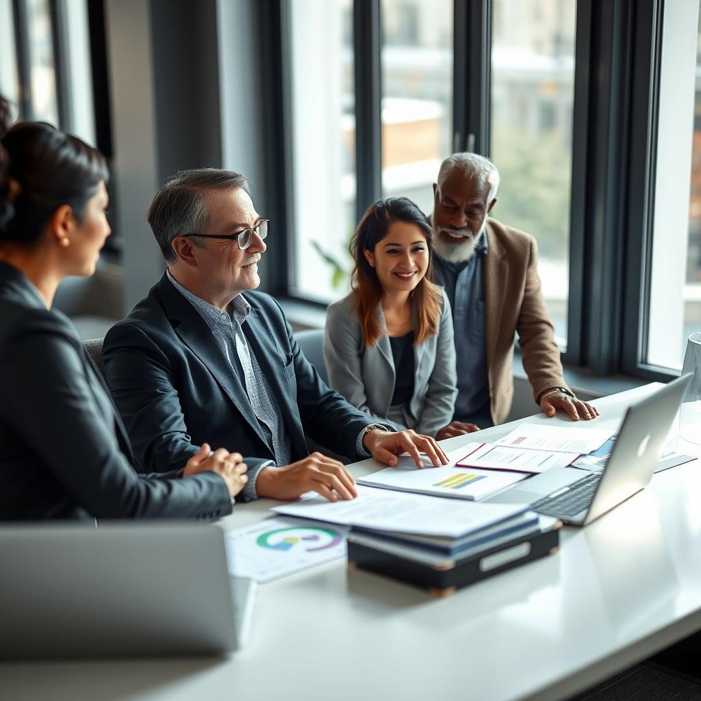 A professional health insurance broker in a modern office environment, sitting at a sleek, well-organized desk covered with documents and a laptop. The broker, a middle-aged Caucasian man, wearing a tailored navy suit and a light blue shirt, is engaged in a thoughtful conversation with a diverse group of clients, including a young woman of Hispanic descent and an older African American man. They are discussing health insurance options, with charts and pamphlets spread out in front of them. The background features large windows allowing natural light to flood the room, casting soft shadows and creating a welcoming atmosphere. The mood is collaborative and professional, with a shallow depth of field that highlights the interaction while softly blurring the office ambiance.